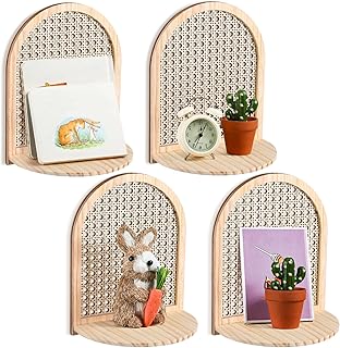 Karenhi 4 Pcs Boho Rattan Wall Shelf Wooden Boho Wall Decor Rustic Wood ...
