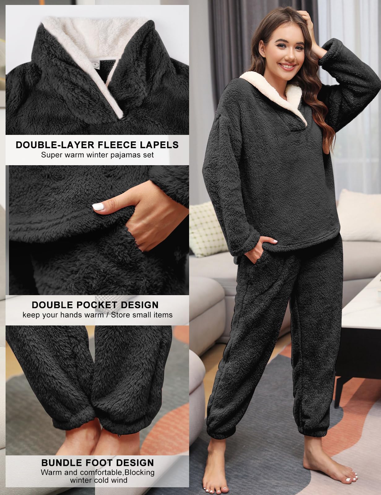 Pyjama Femme Hiver Polaire Ensembles de Pyjama Femme Pyjama Polaire Chaud et Doux Manche Longue Revers Pyjamas