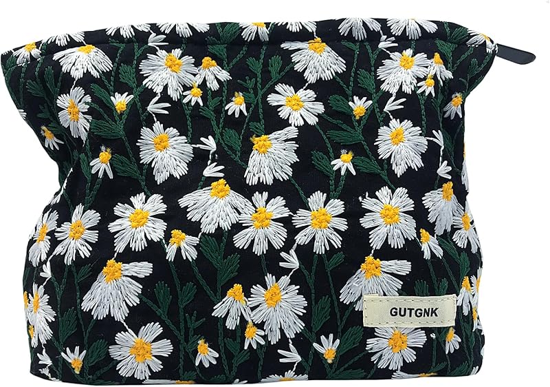 Necessaire de Maquiagem GUTGNK em Canvas Cotelê, Estampa Crisântemo Preto, Pacote com 1