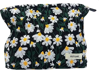 GUTGNK Corduroy Ladies Cosmetic Bag, Large Capacity Canvas Cosmetic Bag Travel Toiletry Bag Accessories Organizer, Black Chrysanthemum