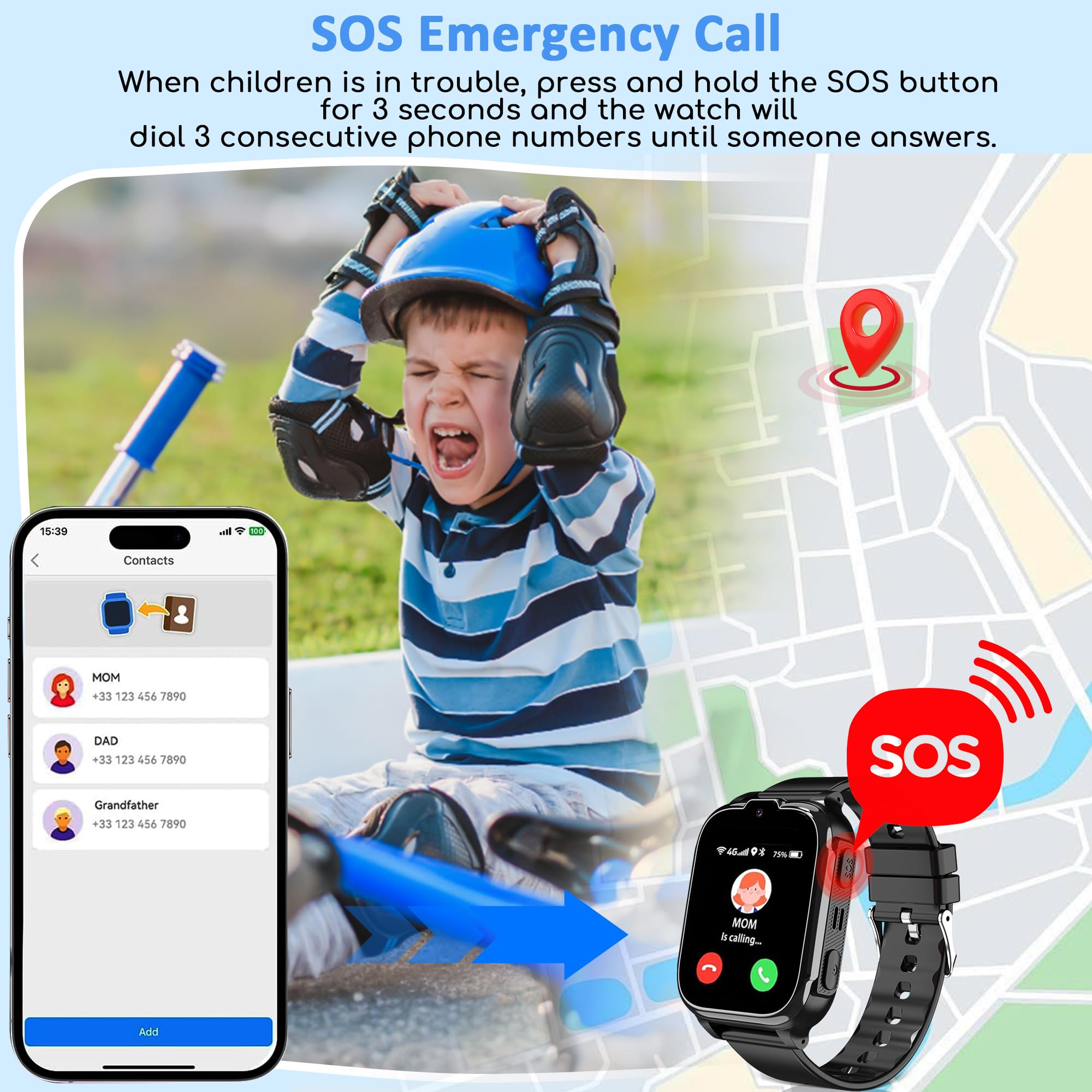 GPS Smartwatch Bambini 4G Telefono Chiamate SOS Giochi Sveglia
