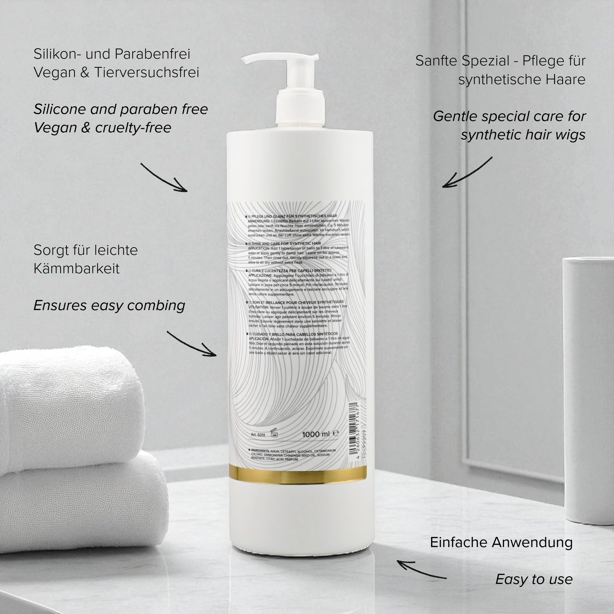 Juego de cuidado de pelo sintético para pelucas, champú y bálsamo, 1000 ml, limpieza suave para cabello sintético, especialmente para postizos y pelucas