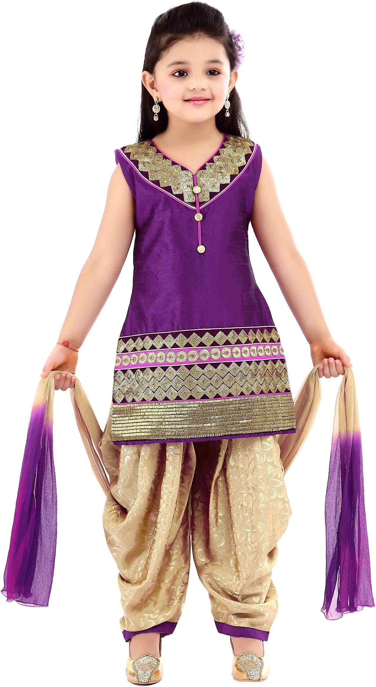 ETHNICAL KIDS Girls' Indian Ethnic Wear Dupion And Netted Fabric Salwar Suit Set Purple