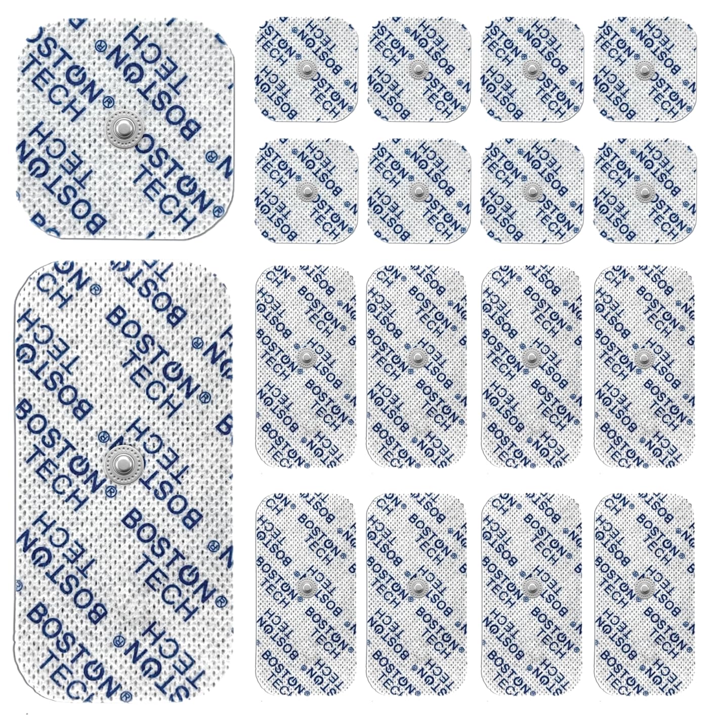 Boston Tech Electrodos para TENS EMS con Conector Botón 3,5 mm Set de 16 Pads 5x5 cm Compatibles Beurer, Vitacontrol | Reutilizables, Óptima Adherencia, Sin Gel Adicional (5x5 5x10 16Und) (ME73)