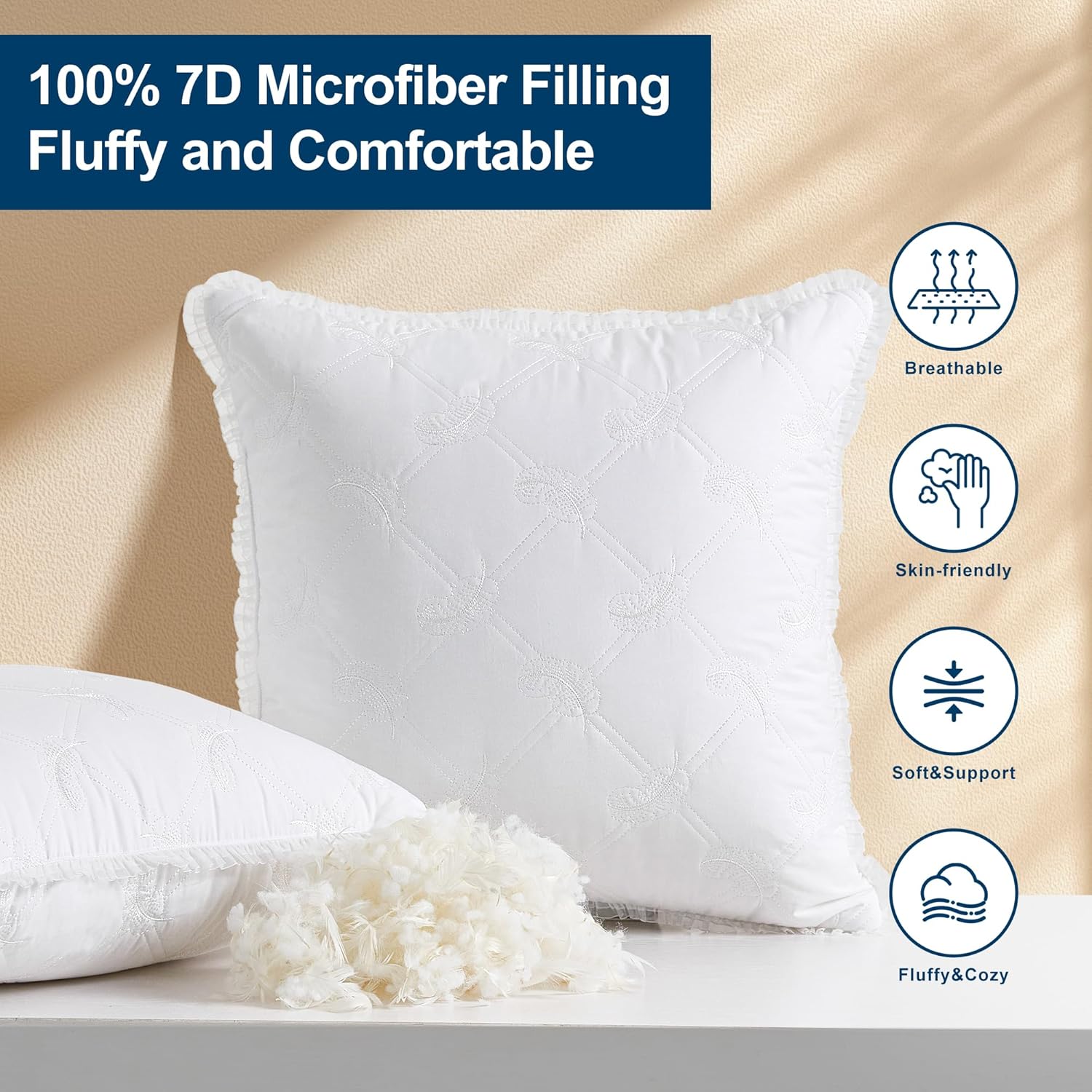 24 x 24 Feather Down Throw Pillow Inserts with Lace Edge - Soft and Plush, Odor-Free Fill - Breathable Quilted Cotton Fabric - Decorative Pillows for Couch Sofa Bed, White, Pack of 2