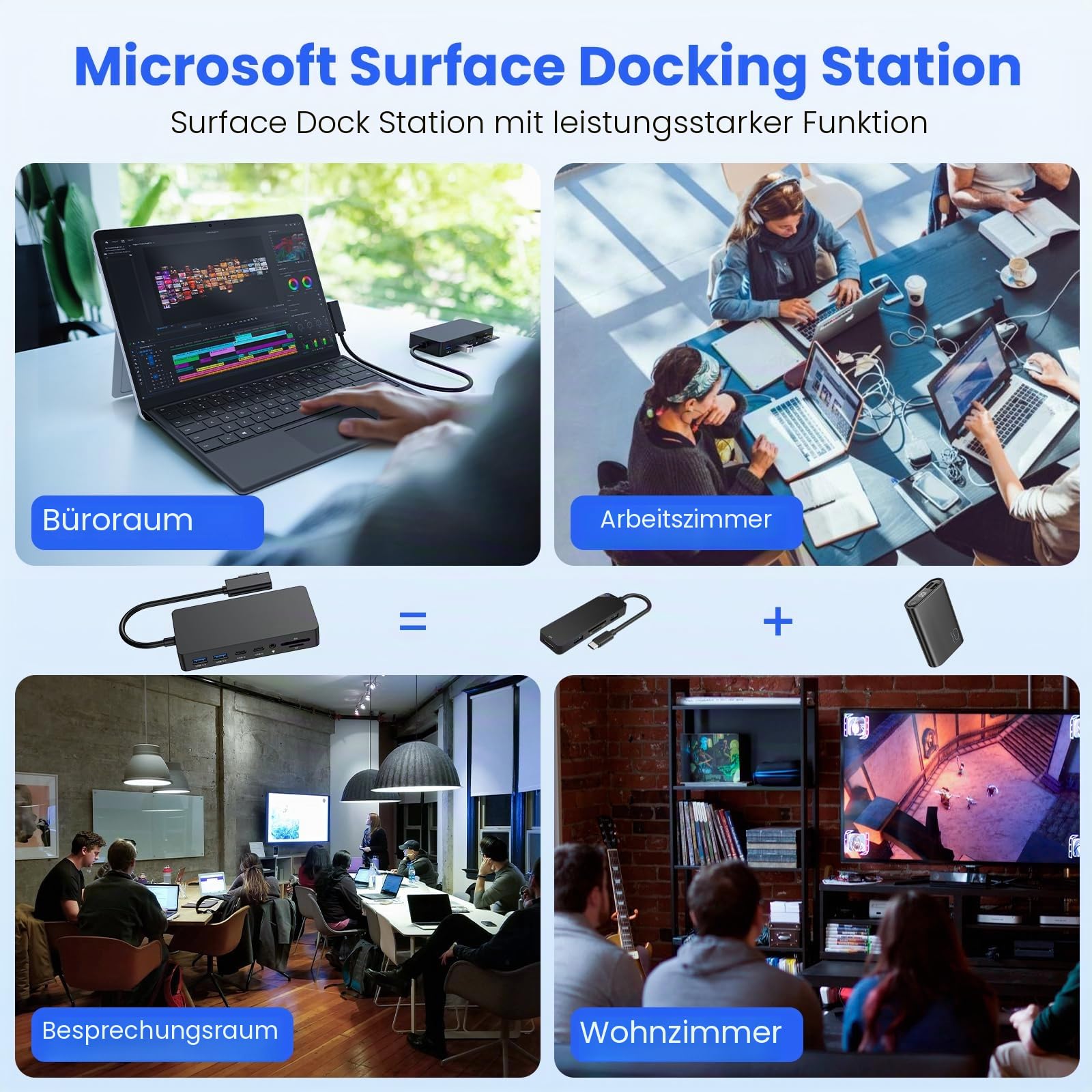 Surface Dock 2, 12-in-1 Surface Docking Station Triple Display mit Dual HDMI 4K@60HZ+VGA, Surface Dock Station für Surface Pro 11/10/9/8/X/7/6/5/4/3, Surface Laptop, Surface Book, Surface Go