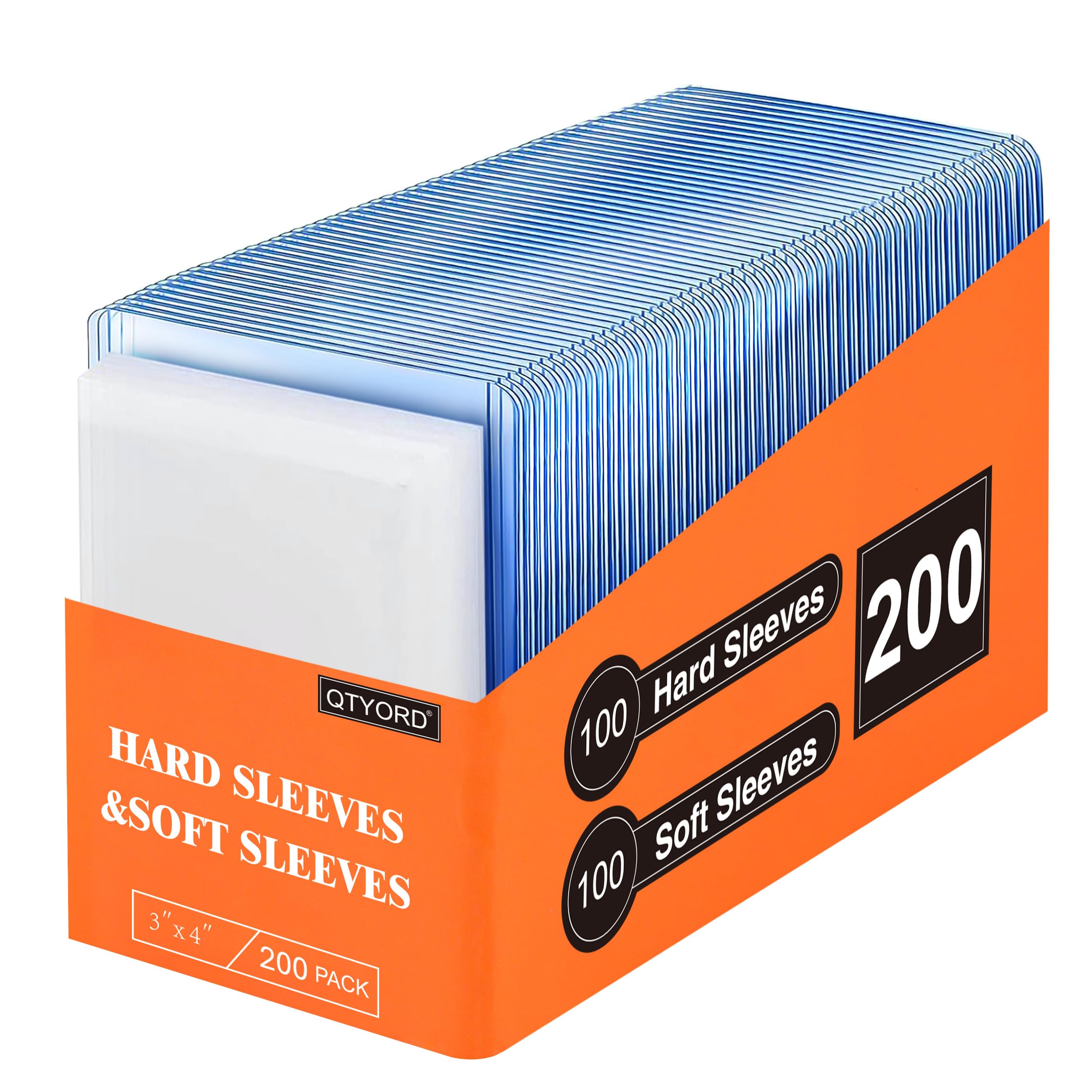 QTYORD 200 cargadores superiores transparentes para tarjetas (100 soportes de plástico duro y 100 fundas para tarjetas) de 3 x 4 pulgadas, fundas protectoras de tarjetas para Pokemon, béisbol,