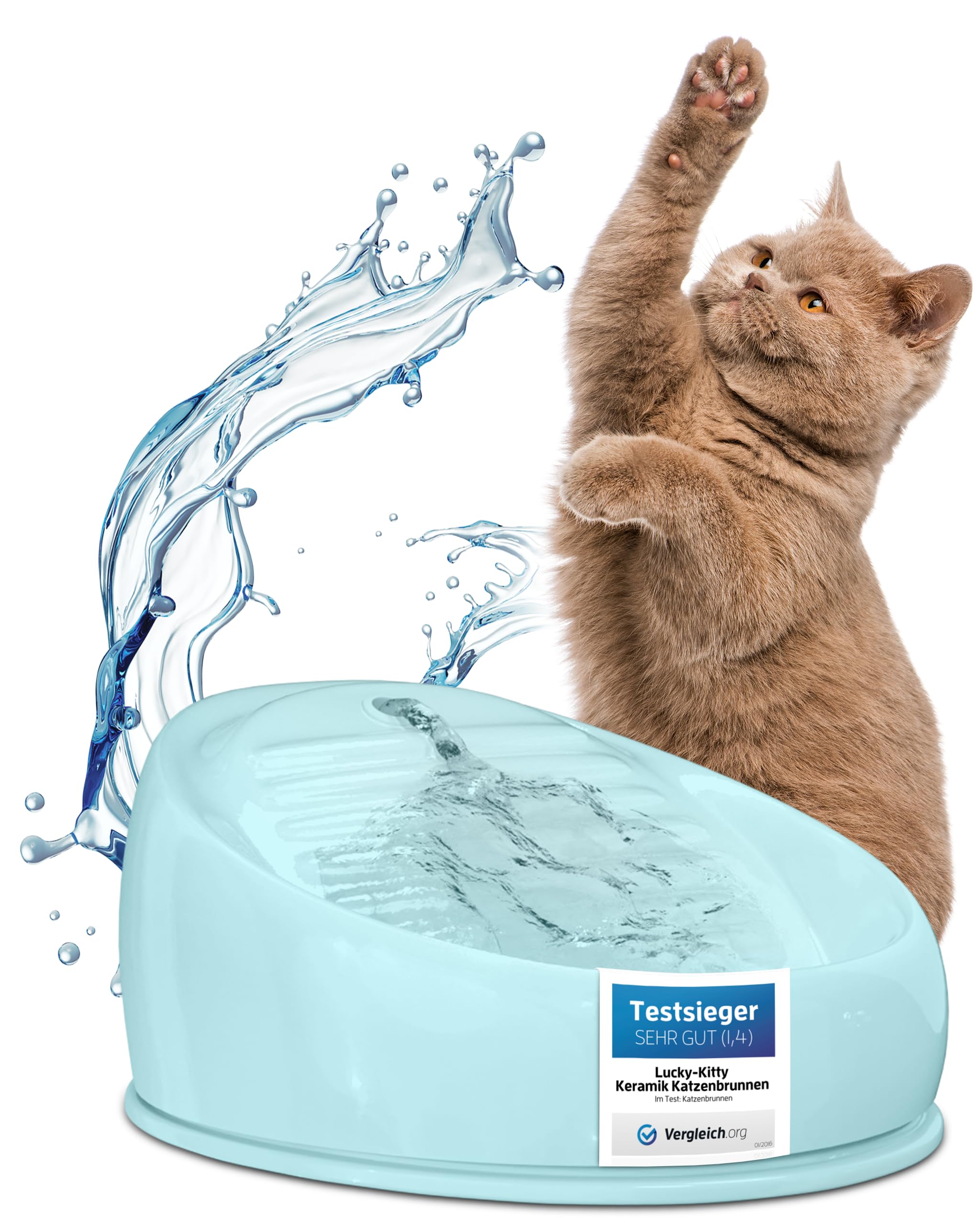 Lucky-Kitty Trinkbrunnen für Katze blau I Katzenbrunnen Keramik Handarbeit, hygienisch I Kein Aufladen, kein Filter-Tausch I Trinkbrunnen leise & energiesparend I Wasserspender Katzen plastikfrei
