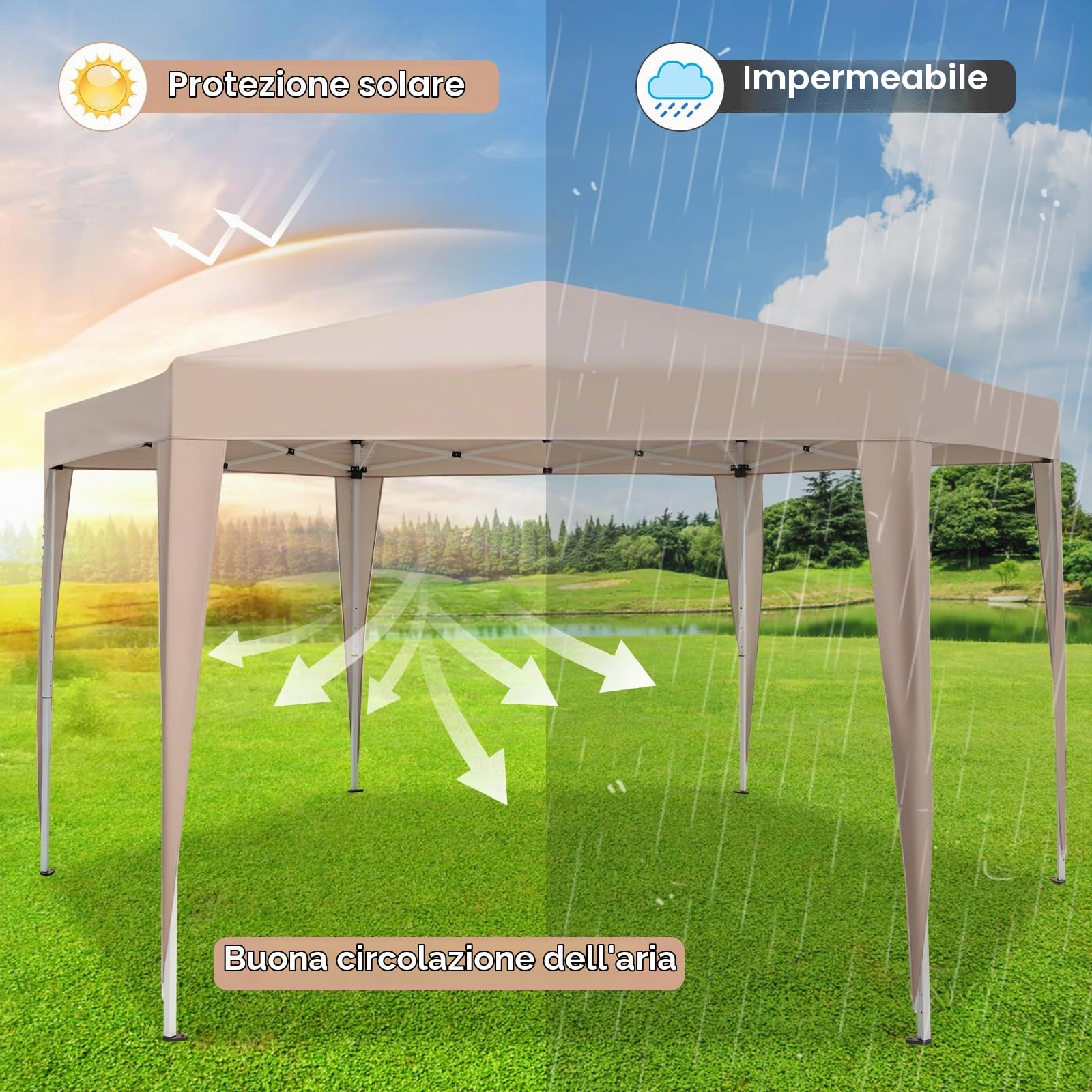 RELAX4LIFE Gazebo Esagonale, Tenda Pop-Up 400 x 348 cm con 3 Altezze Regolabili, Borsa da Trasporto, Gambe Vestite, Tessuto Rivestito in Argento, Ombra Solare per Esterni per Campeggio, BBQ, Feste