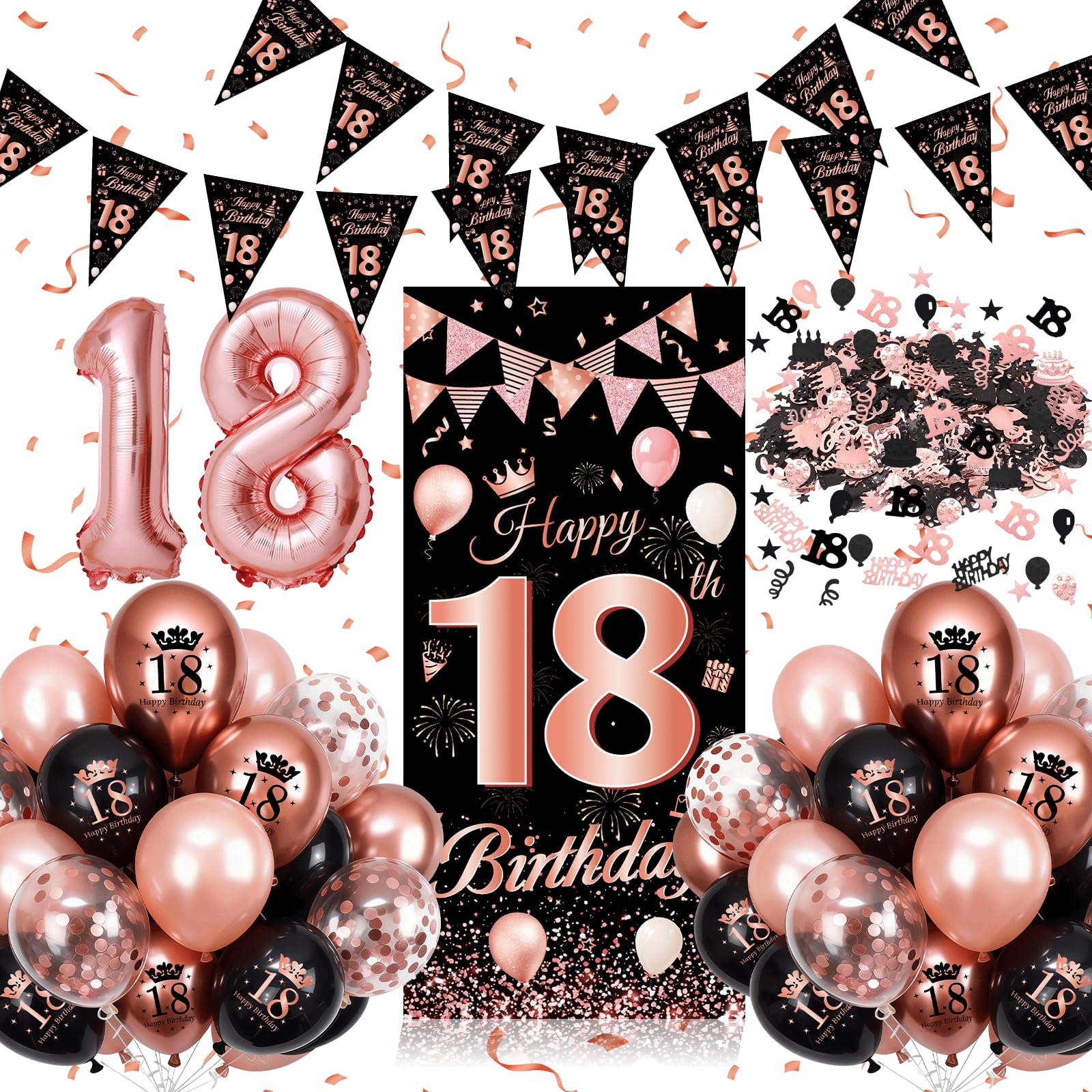 18th Birthday Decorations for Girls, Rose Gold Black Happy 18th Birthday Banner Decorations for Girls, 18th Birthday Party Decorations with 18th Birthday Balloons, Triangle Flag Banner, Confetti