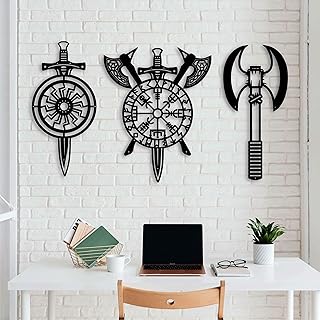 KAWA METALWORKS Wikinger Äxte und Schwerter Metall Wandkunst Vegvisir Wanddeko Nordische Mythologie Wanddekoration Skandinavische Rustikale Wohnkultur Nordische Metall Wandskulpturen Wikinger