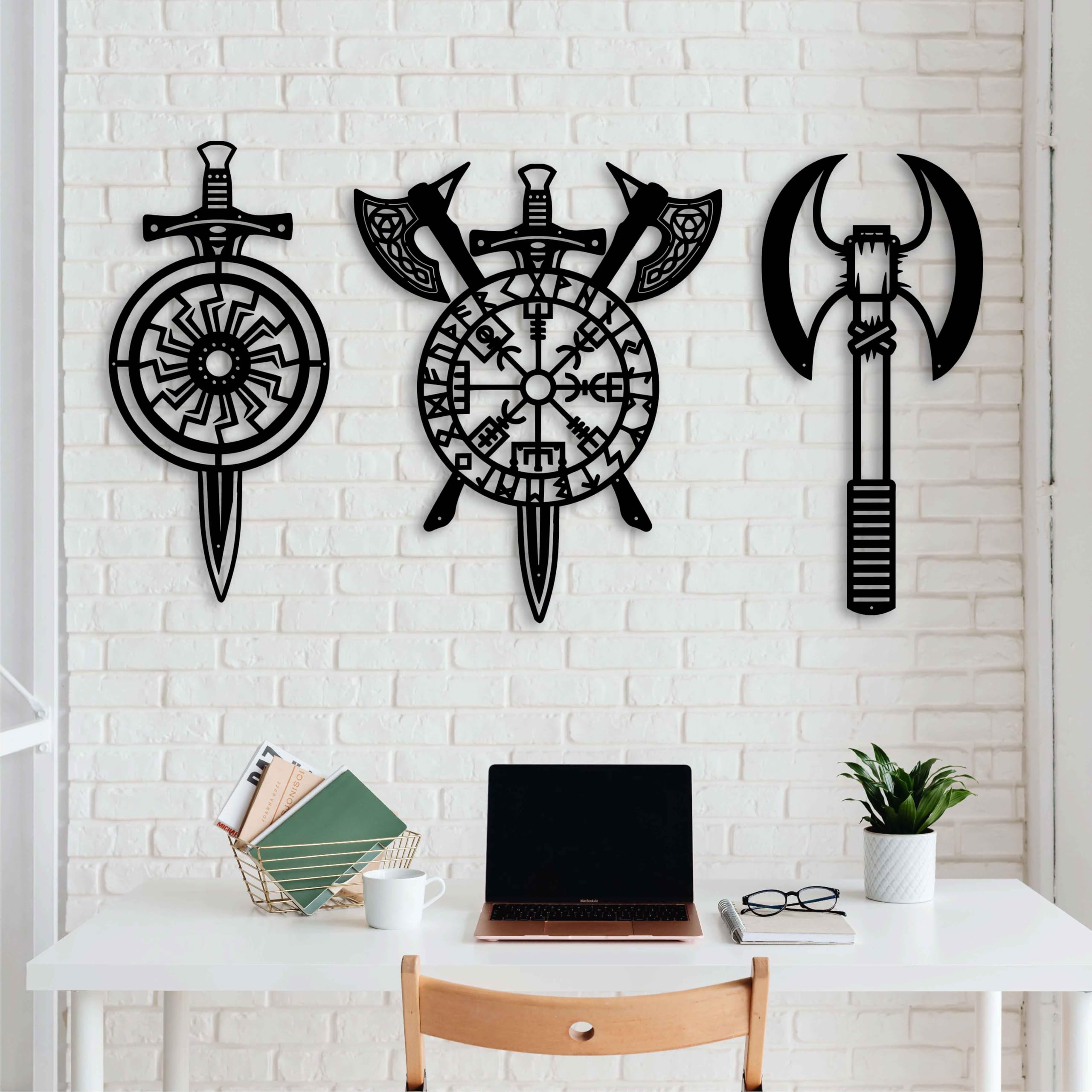 KAWA METALWORKS Wikinger Äxte und Schwerter Metall Wandkunst Vegvisir Wanddeko Nordische Mythologie Wanddekoration Skandinavische Rustikale Wohnkultur Nordische Metall Wandskulpturen Wikinger