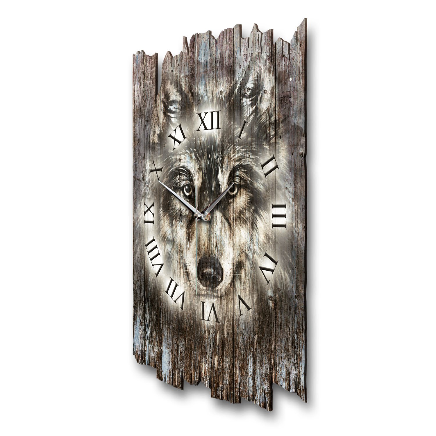 Kreative Feder Designer Wanduhr „Wolf“ aus Holz 40x27cm im Shabby Style Design - Designeruhr mit flüsterleisem Uhrwerk ohne Ticken (Wolf, leises Funkuhrwerk)
