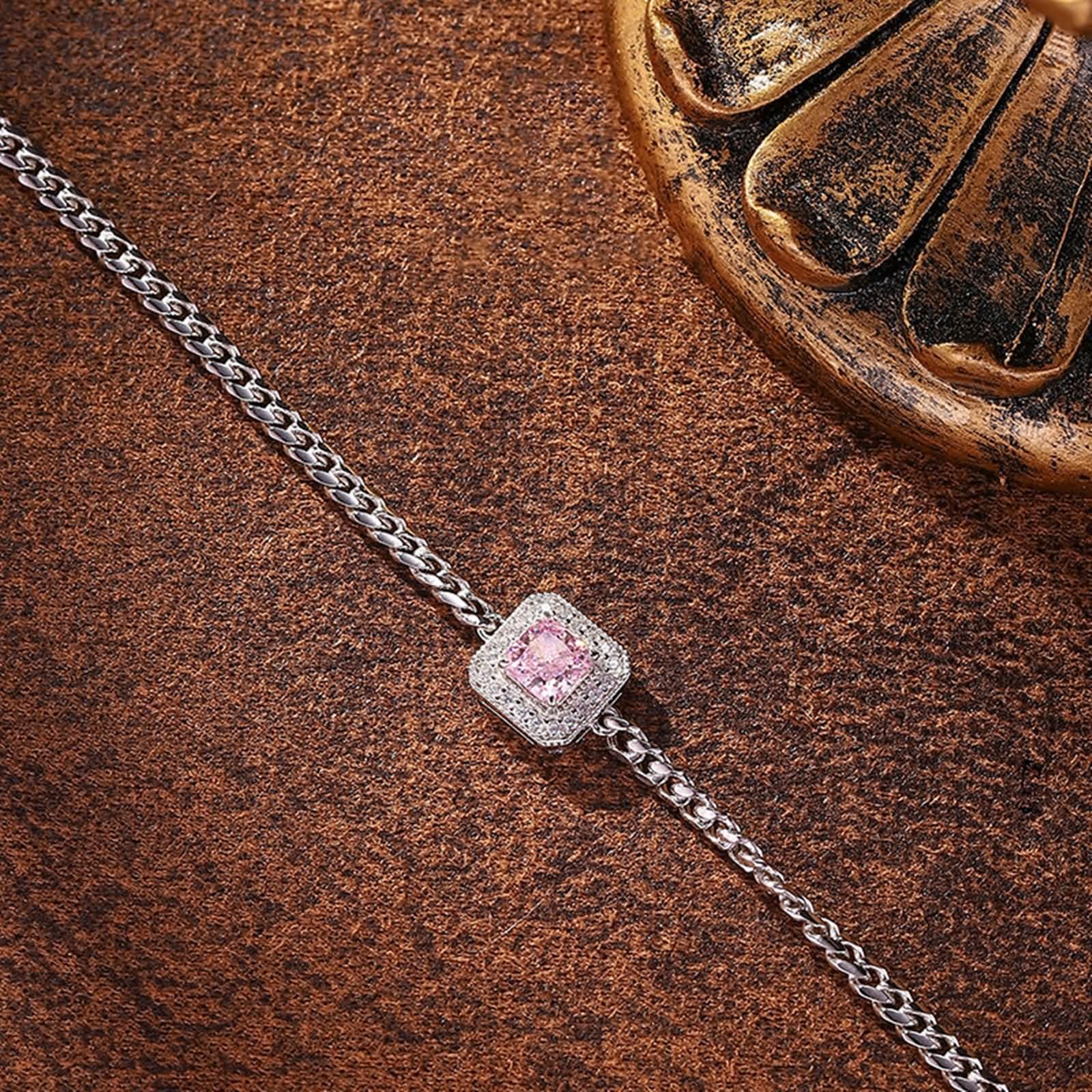 Pulseras de Mujer Oro Blanco 9K / 14K / 18K, Cuadrado con Diamante Creado de 0,5 ct y Moissanita, Cadena Extensible 16 CM + 5 CM, Pulsera de Ajustable Mujer Plata Rosa