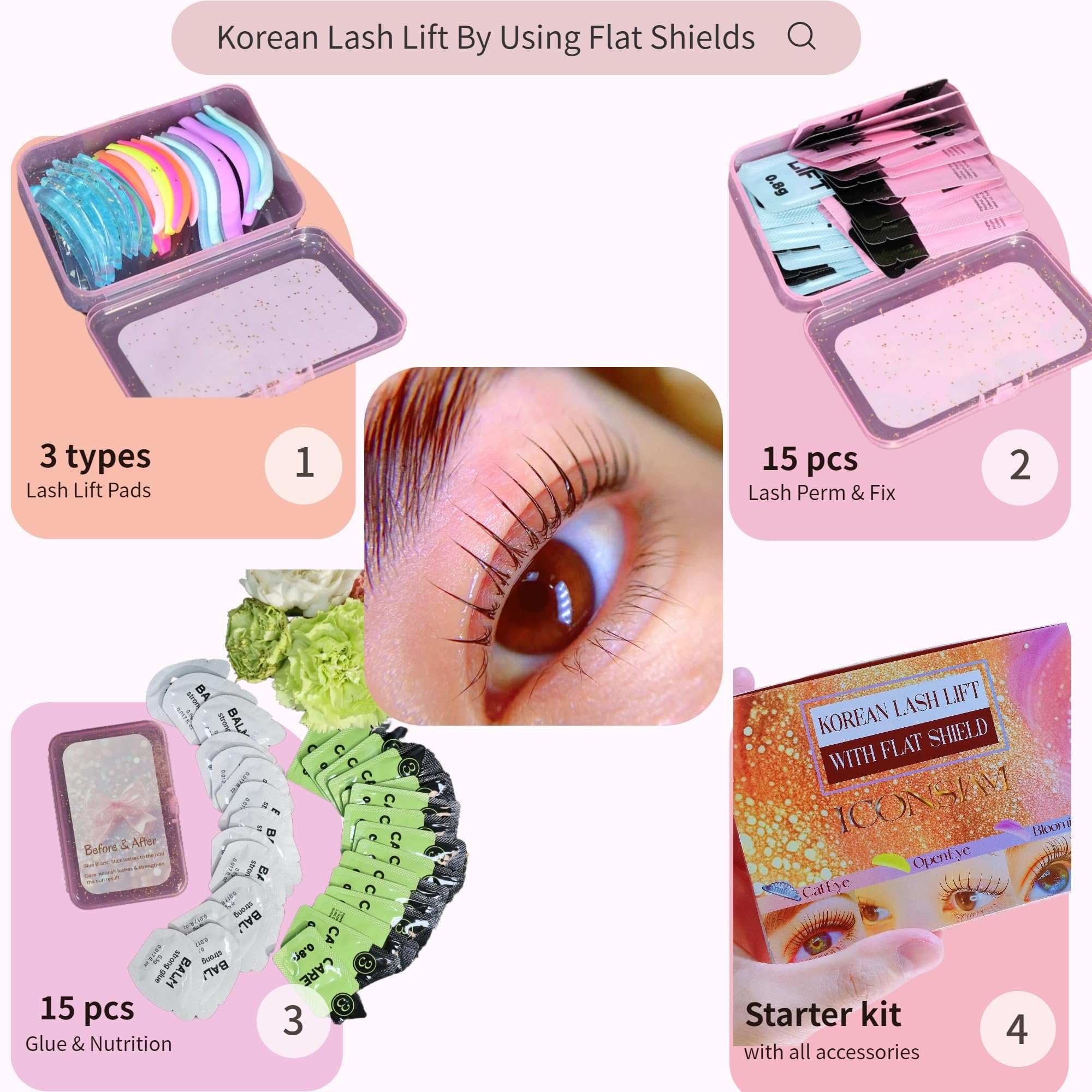 Korean Lash Lift Kit with Flat Shields, Curl Pads & 15 Applications (Rose)