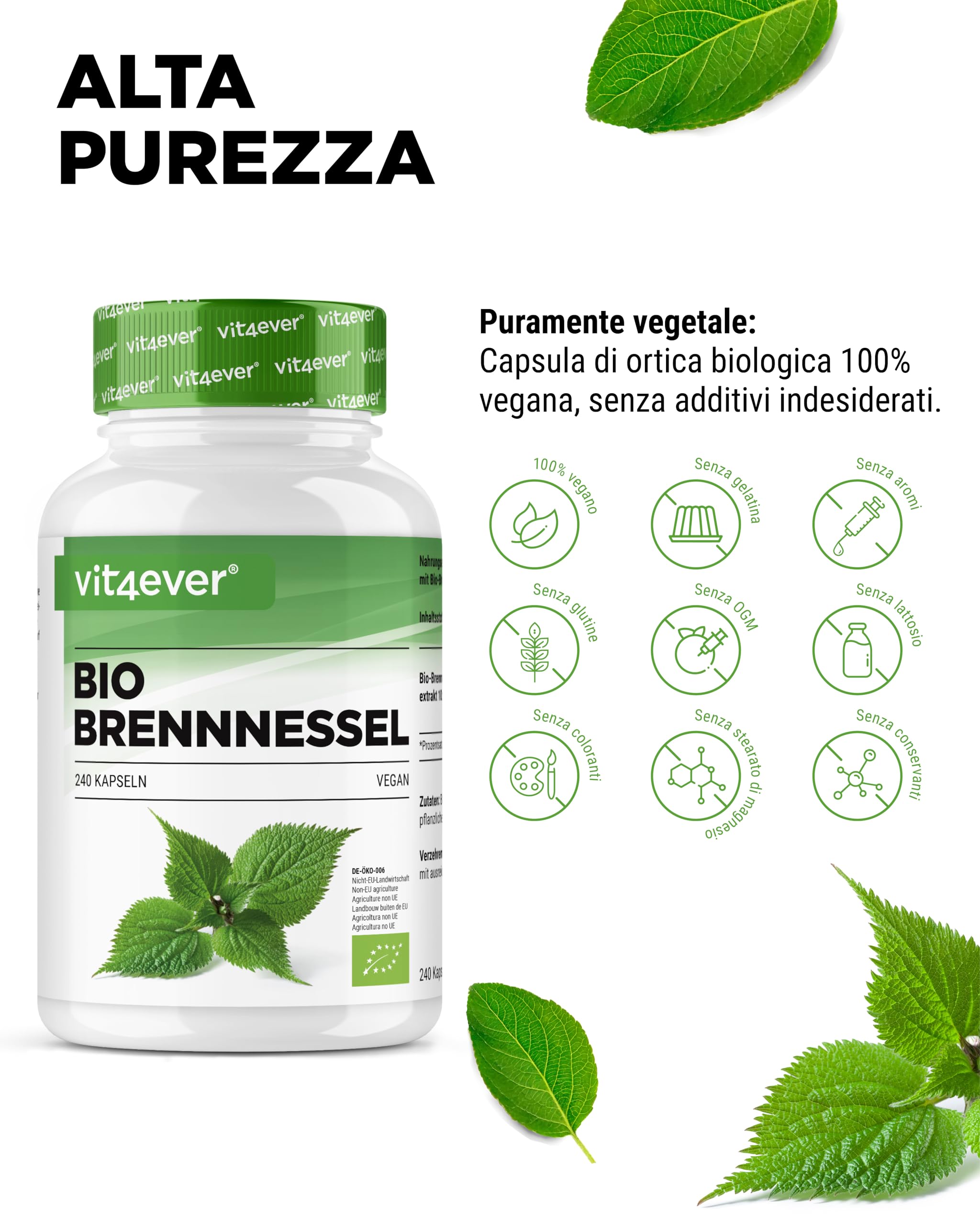 Ortica biologica - 240 capsule - Dosaggio elevato con 1000 mg per dose giornaliera - Estratto di ortica 10:1 in qualità organica certificata - Vegan