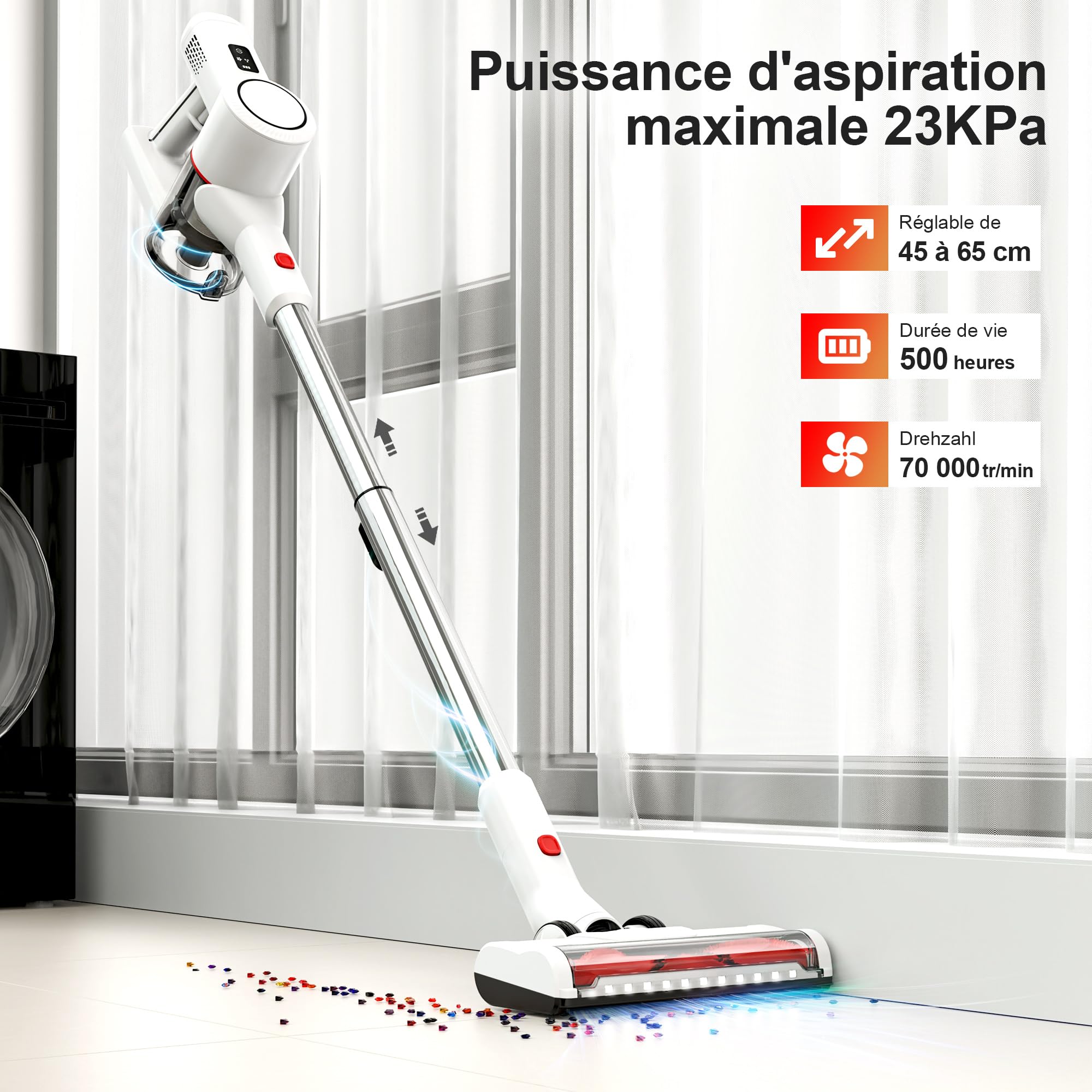Aspirateur sans Fil Balai Électrique - Puissant sans Câble Rechargeable Batterie Silencieux Légère Balais Électriques pour Sol Tapis Poils d'animaux Intérieurs