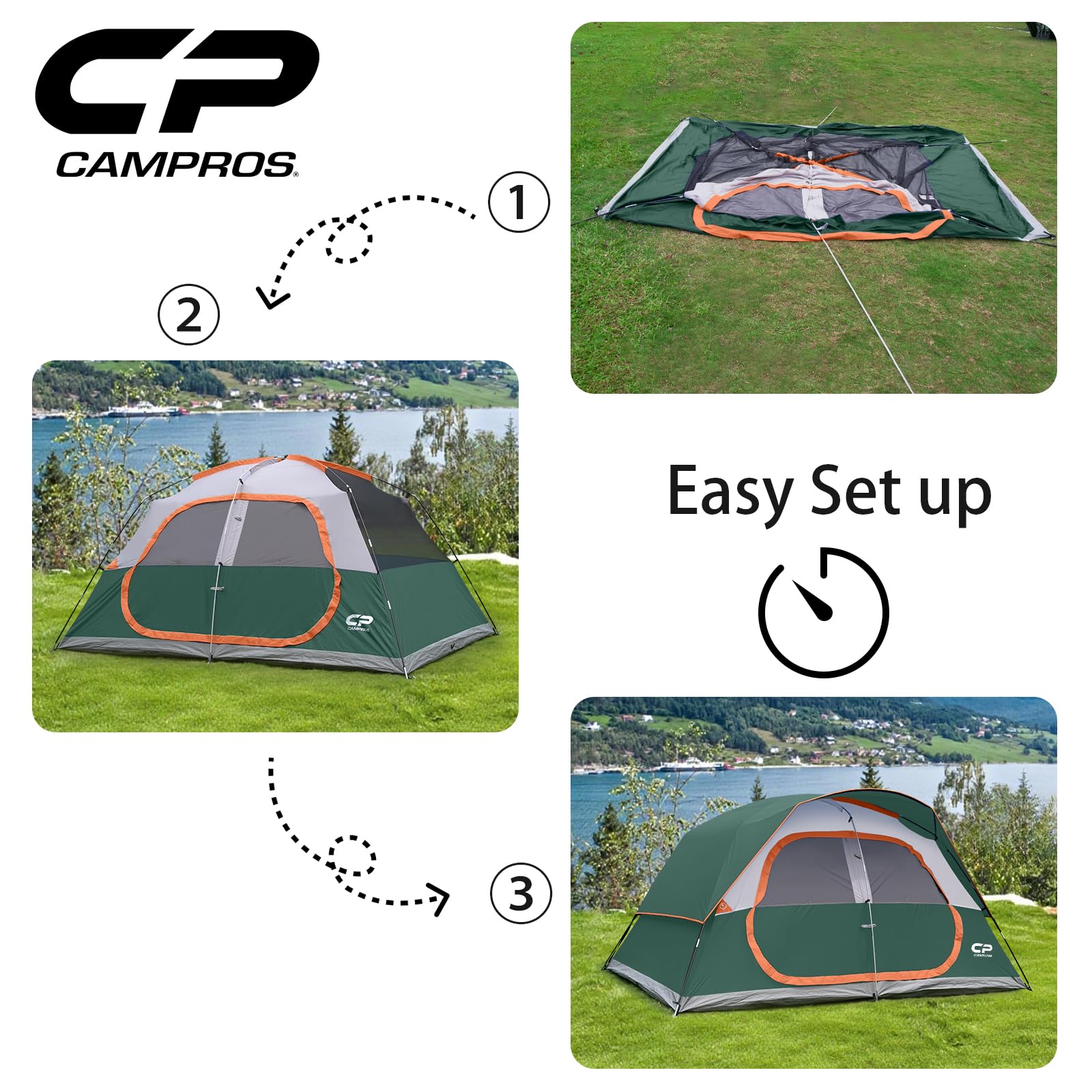 CAMPROS CP Tienda de Camping 6-8 Personas, Tienda Familiar Grande Impermeable y Resistente al Viento, Tienda Domo Doble Capa con Ventanas de Malla, Montaje Rápido, 4 Estaciones con Doble Techo y Bolsa