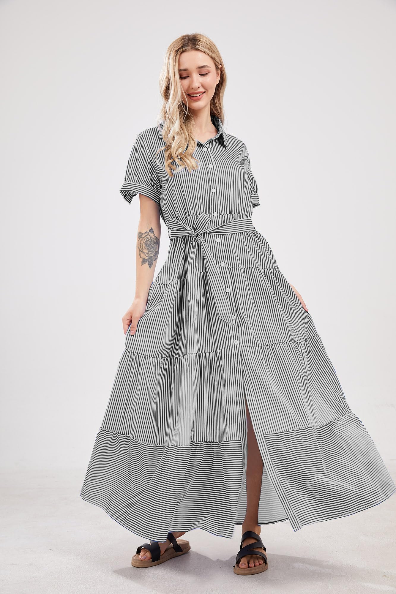 utcoco Lässiges Maxi-Hemdkleid für Damen, kurzärmelig, Knopfleiste, Taille, gerüscht, gestreift