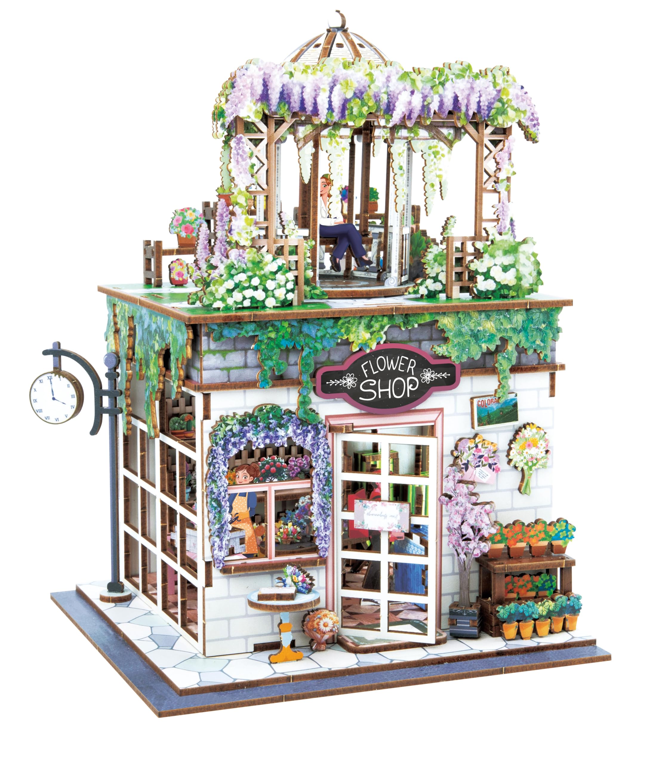 Diorama Fiorista - Modellino fioraio in miniatura in legno con LED - Diorama DIY 243 pezzi - Kit costruzione negozio di fiori - dai 10 anni - 14 x 17,1 x 21,8 cm - 68075 - BUKI France