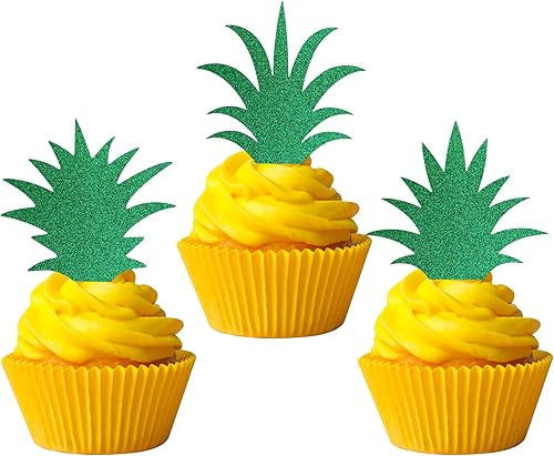 36 piezas de adornos para cupcakes de piña, dona con purpurina verde, hojas de piña, selecciones hawaianas para tartas Luau hawaianas, decoraciones
