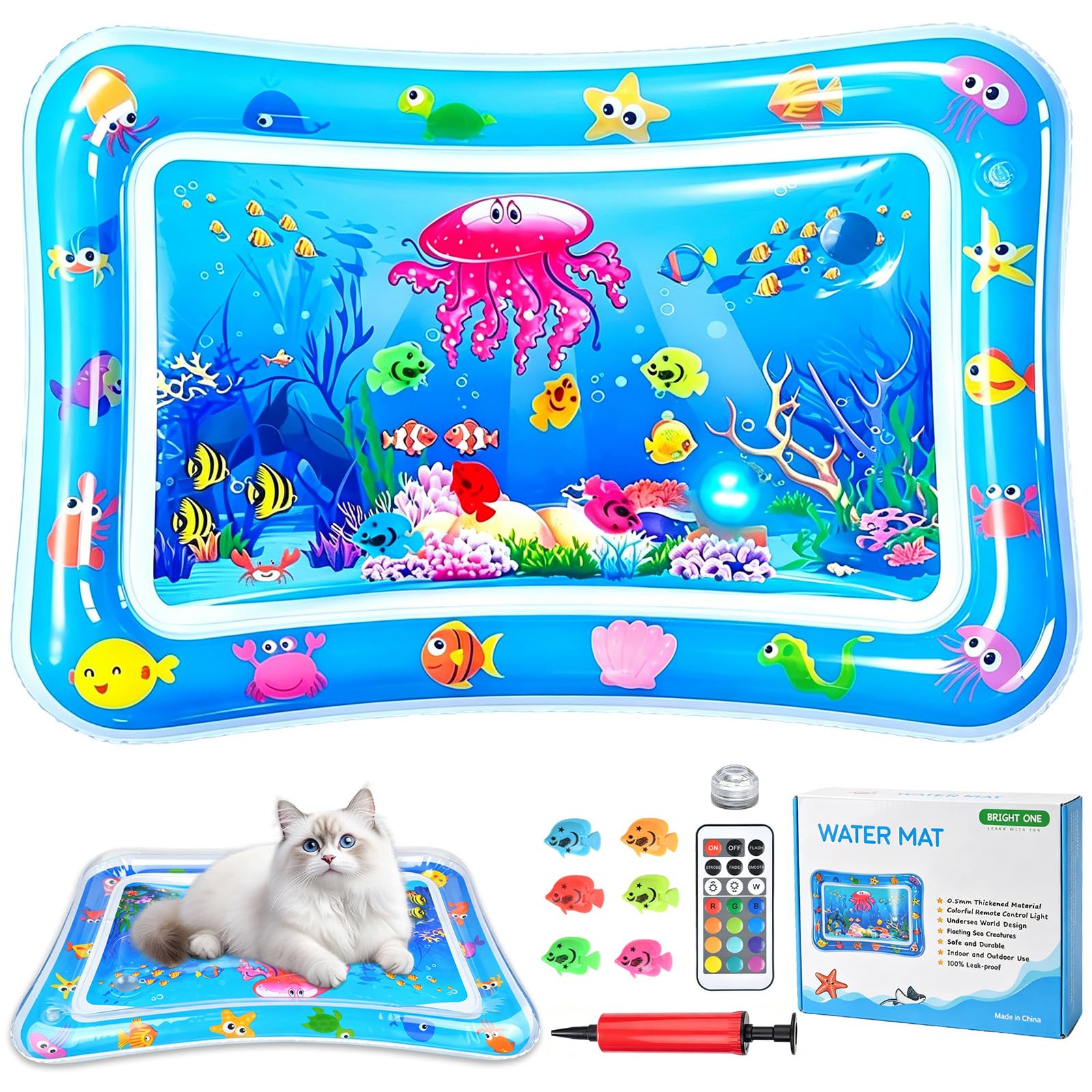 Wassermatte Katze, Wasserspielmatte Katze Hund, Verdickte PVC Katzen Kühlmatte mit Fischen & LED-Licht, Interaktives Katzenspielzeug Selbstbeschäftigung für Langeweile 60x40CM