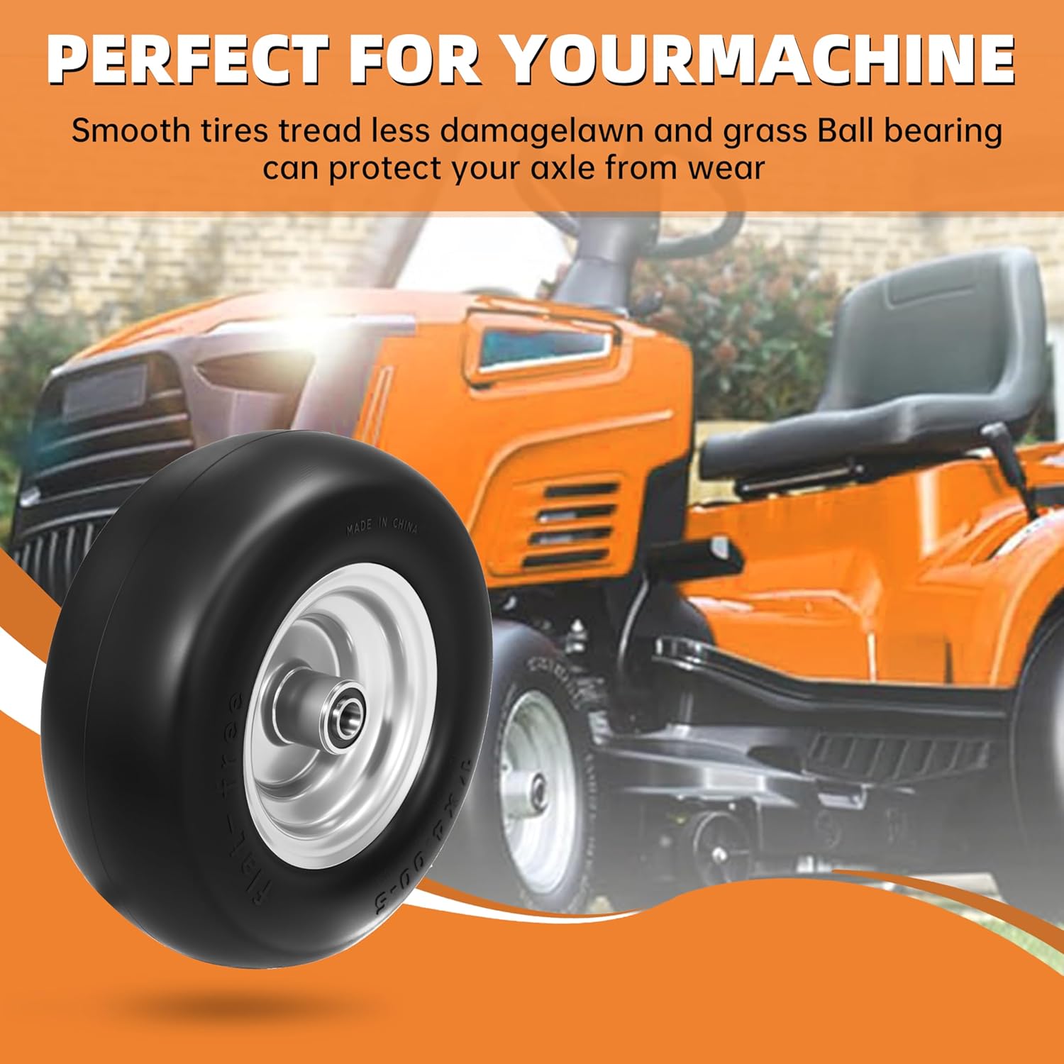 2 PC 11x4.00-5" Flat-Free Tire and Wheel, 11" Lawn Mower Tire, 3/4" or 5/8" Bearings, Durable Smooth Tread, Fits Zero-Turn Lawn Mowers Tires, 350lbs Load Capacity, Adjustable Center Hub (3" to 4.4")