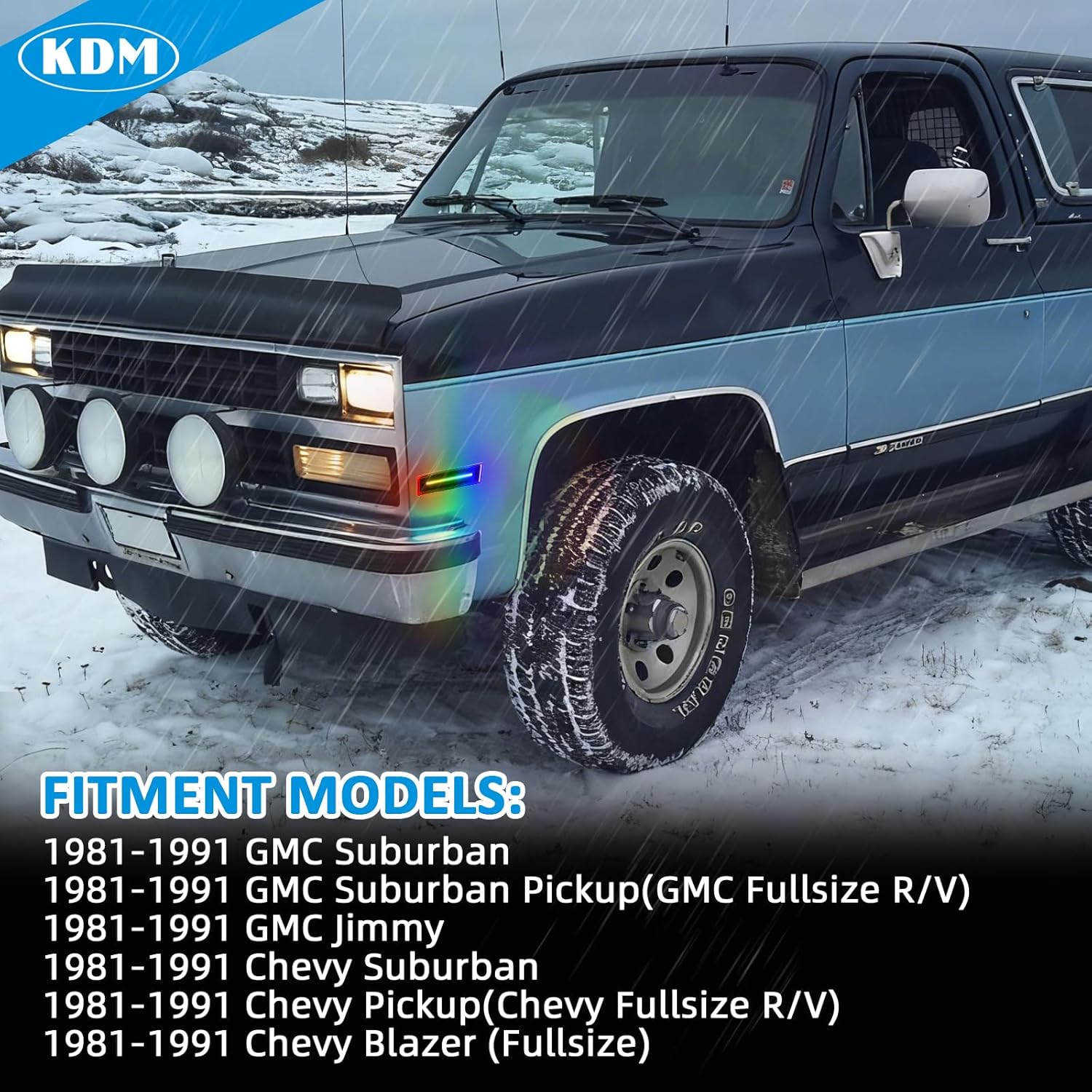 KDM RGB Full Led Smoked Lens Fender Side Marker Multi-Color Reflectors Lights, Fit for 1981-1991 Chevy C10 C20 C30 GMC C1500 C2500 Suburban Blazer Jimmy,Assembly Front Bumper Side Marker Lights,2Pack