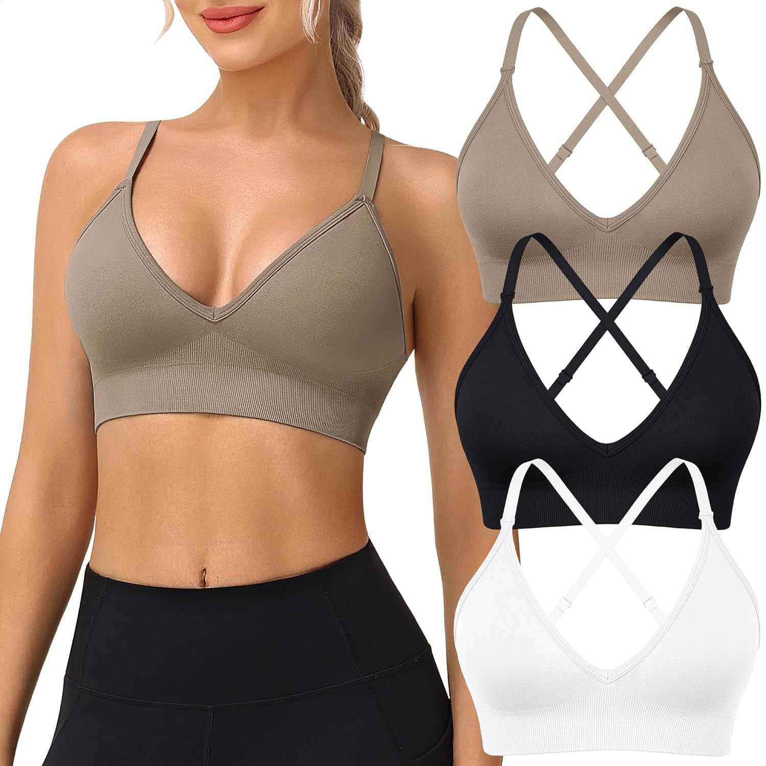 WANAYOU Sports Bras for Women, Deep V Neck Adjustable Spaghetti Strap Criss Cross Back Sports Bra Padded Gym Bralettes 3 Pack
