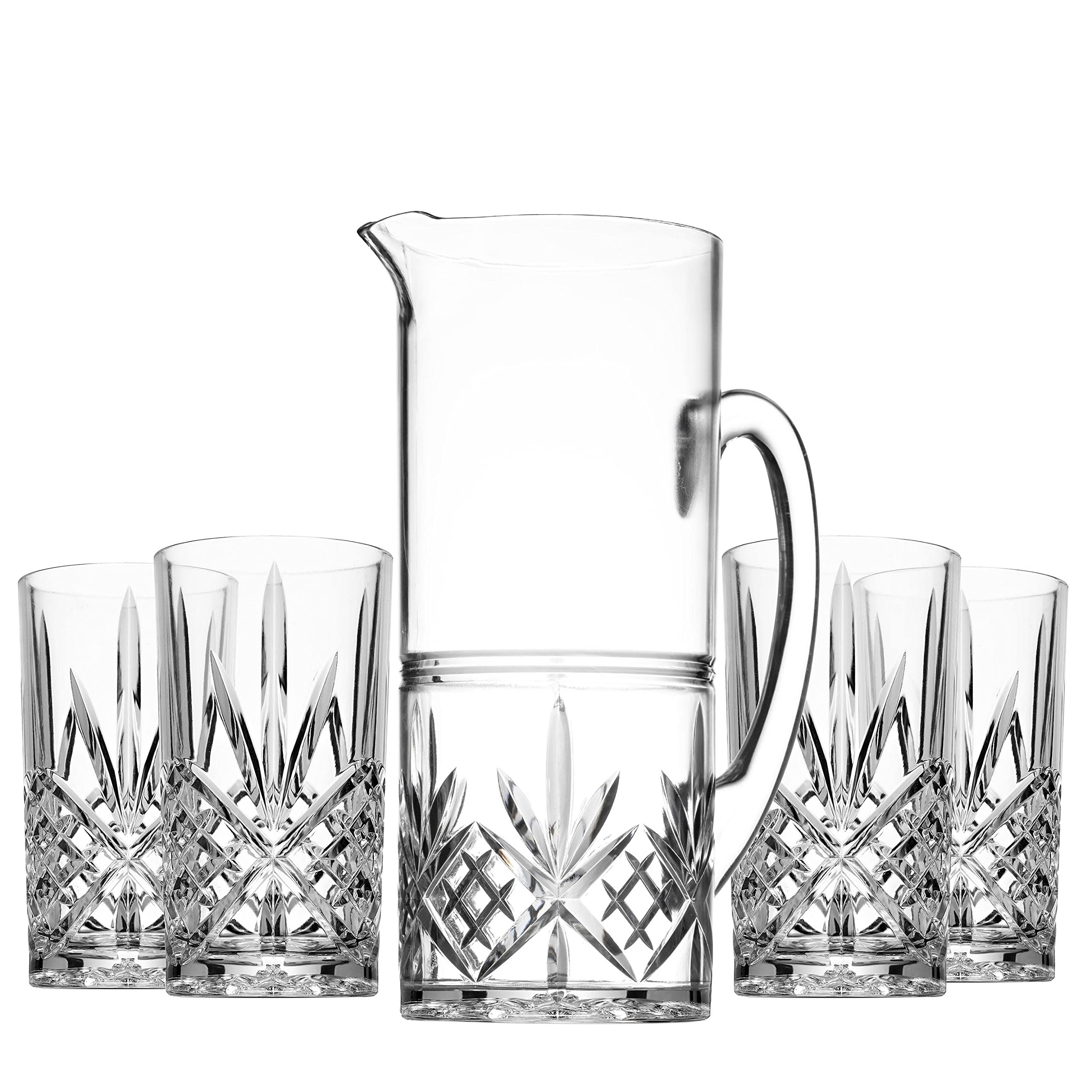 GodingerPitcher and Highball Drinking Glasses Set, Acrylic Shatterproof Water Jug Pitcher with Tall Drinking Cups - Dublin Collection