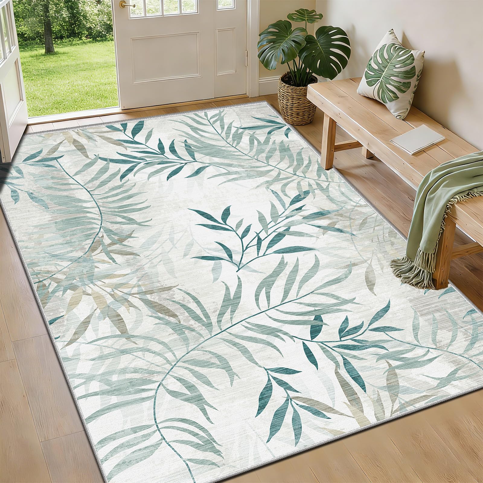 FTCJWL Machine Washable Rug, Delicate Willow Leaf Area Rug, Elegant Soft Green Botanical Short-Pile Runner, Non-Slip Indoor Carpet for Hallway Kitchen Bedroom (80x160cm) — image 1