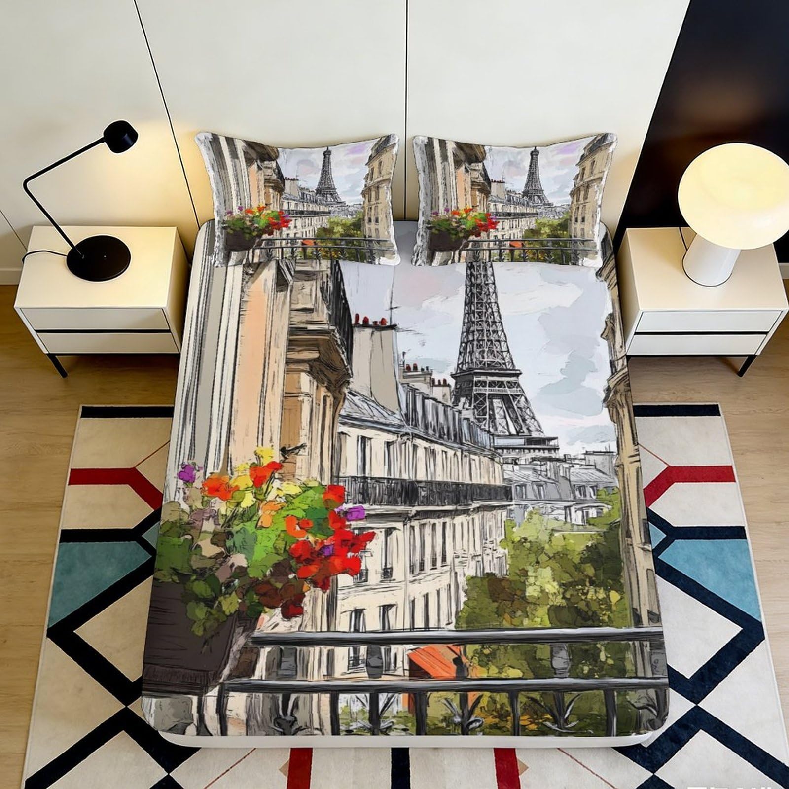 3D Printed Eiffel Tower City View Fitted Sheet Microfiber Non Slip Mattress Cover for Bedroom Guest Room Decor 140x200x25cm
