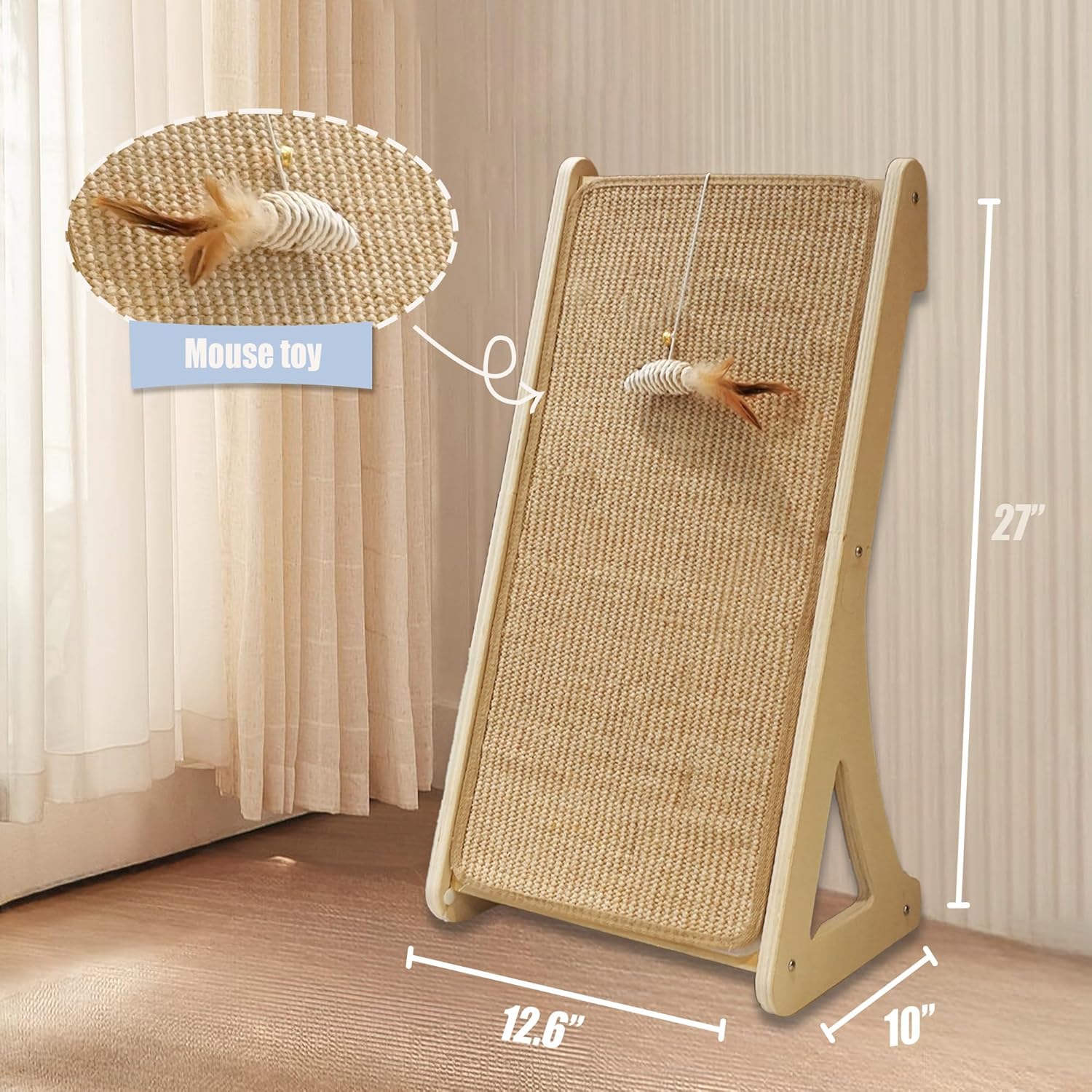 Cat Scratcher, Sisal Cat Scratching Pad, L Shape Cat Scratch Pad for Indoor Cats, 27 Inch Furniture Protector with Mouse Toy