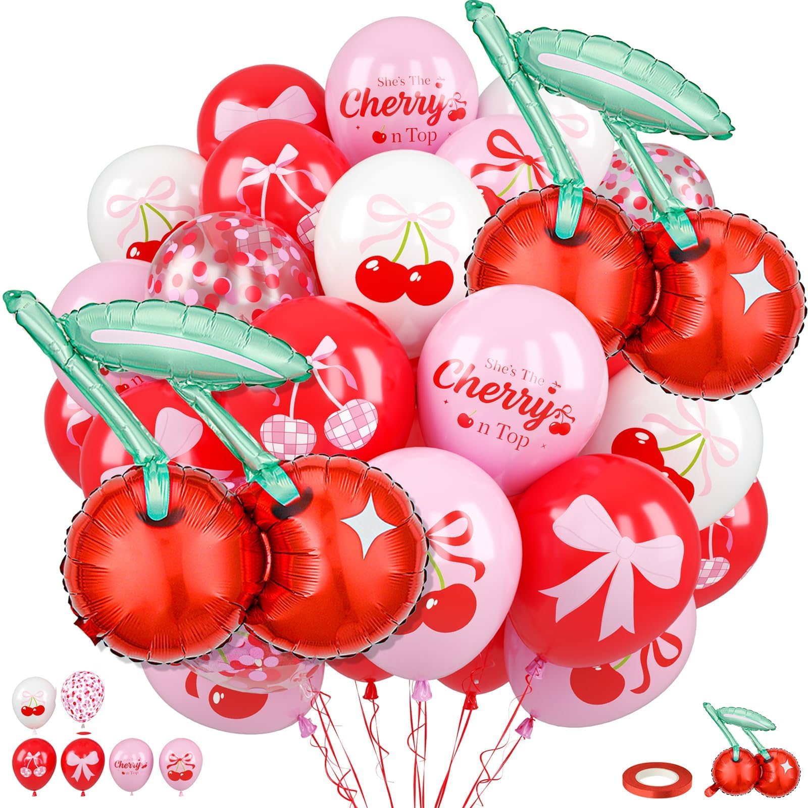 Kirschballons, Rot Rosa Weiß Konfetti Latexballons mit Kirschfolienballon für Mädchen Geburtstag Babyparty Hochzeit Obst Party Dekorationen