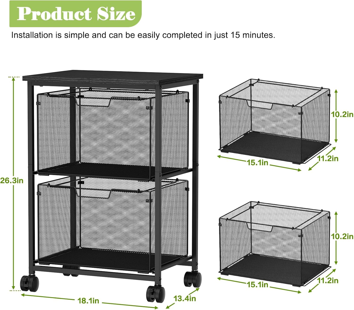 Letter/Legal Rolling File Cart with 2 Storage Drawers, Under Desk Storage, Vertical Filing Cabinet for Home Office, Hanging File Folders Organizer, Mobile Utility Cart Printer Stand, Black - Image 2