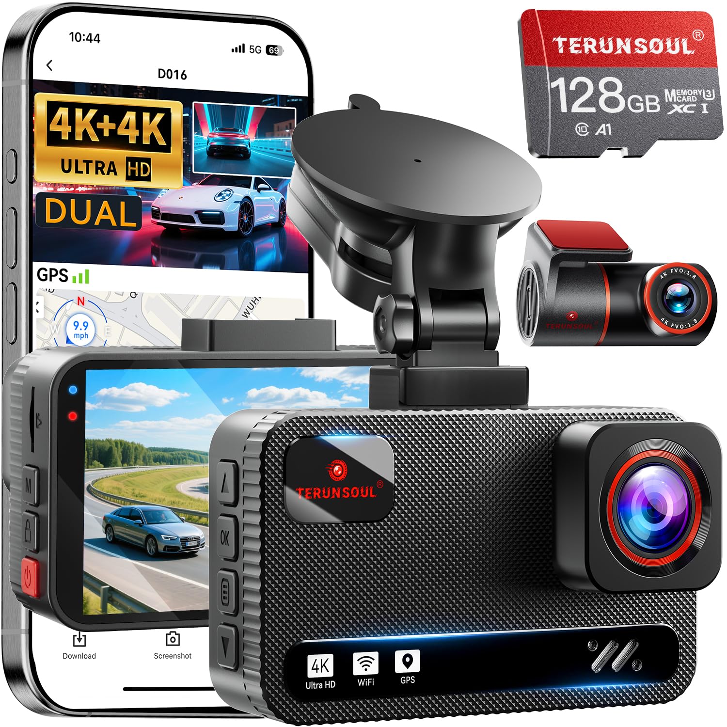 Dashcam Auto 4K+4K,Dashcam Auto Vorne Hinten mit 128GB-Karte, 5.8GHz-WiFi, 3" IPS Dashcam mit Parküberwachung, Loop-Aufnahme, 170°Weitwinkel, Unterstützt 512GB Max