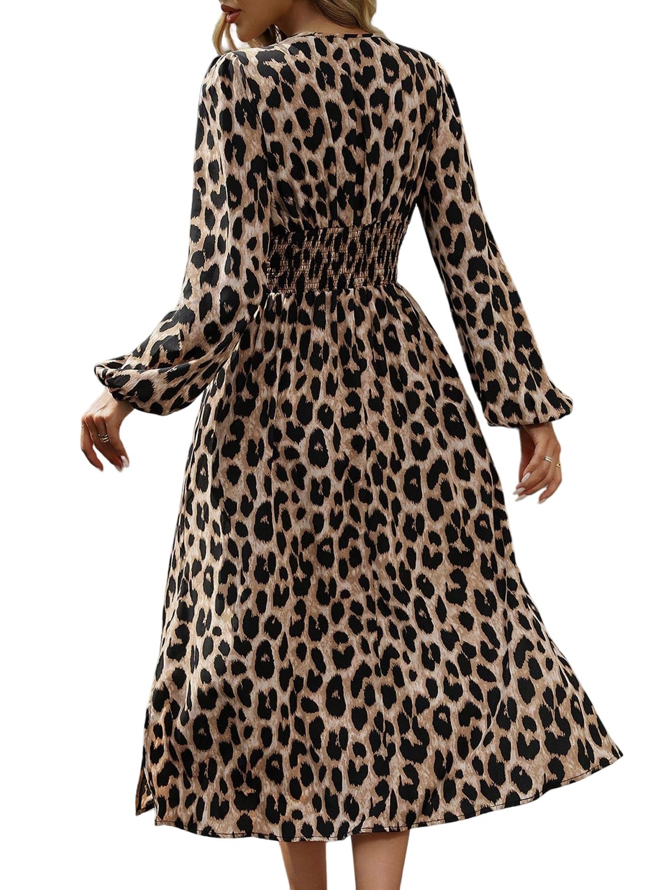 SweatyRocks Maxikleider Damen Elegant Langarm Leoparden Kleid Wickelkleid Leo Winterkleid Rüschenkleid Mit Leo Print Herbstkleid Langes Blusenkleid