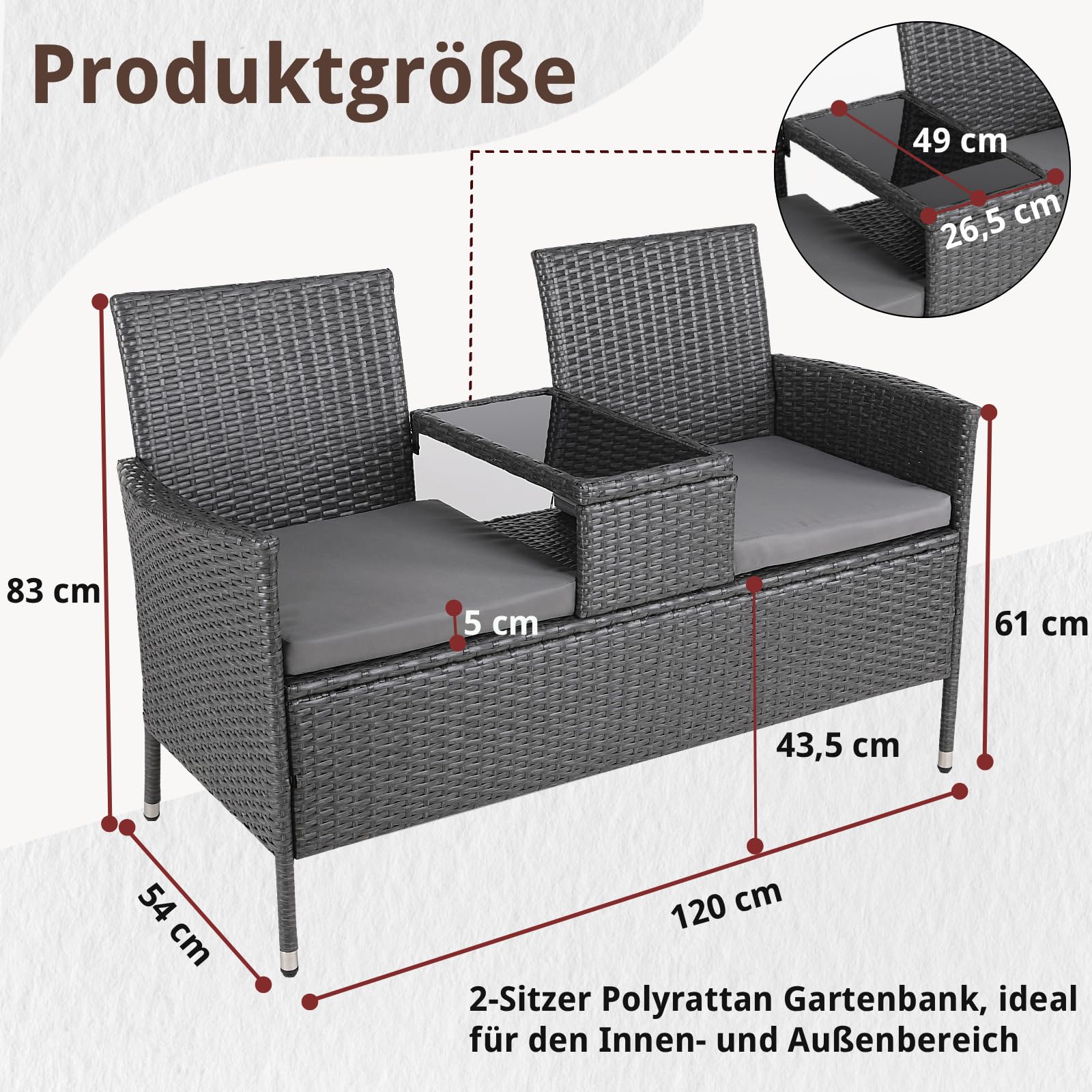 TLSUNNY Banc de Jardin 2 Places en Rotin, Salon Balcon avec Coussins