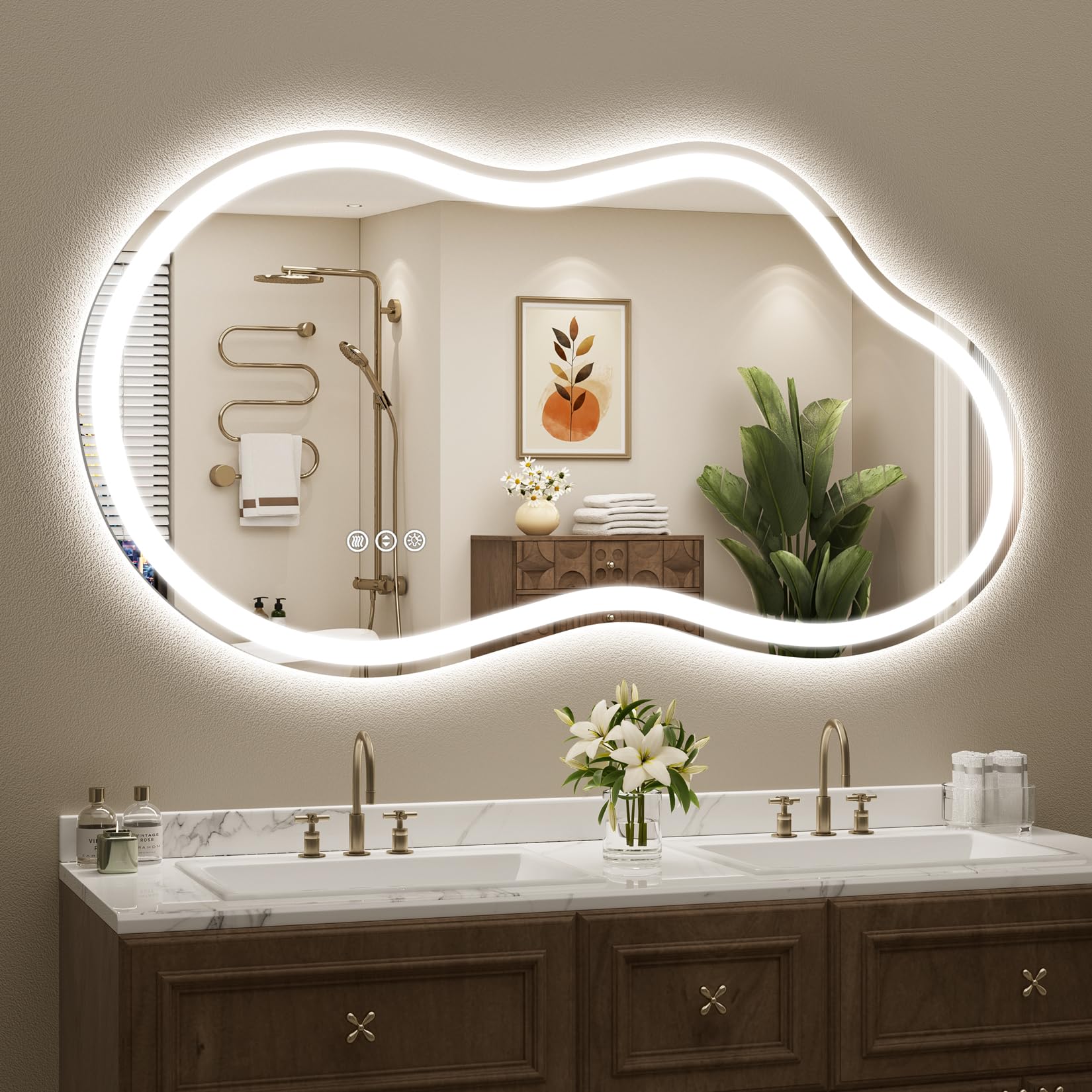48x26 Asymmetrical LED Bathroom Mirror Backlit &amp; Front Lit Anti-Fog | Irregular Cloud Lighted Vanity Mirror, Dimmable, 3-Color Light, Memory, CRI95, Tempered Glass, UL Listed, Horizontal/Vertical