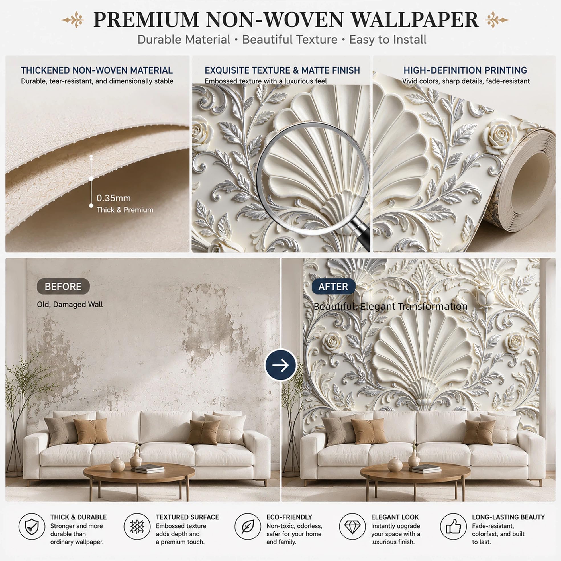 Carta Da Parati Fotografica In Tessuto Non Tessuto con Motivo Floreale Elegante Stile Palazzo Europeo Classico Di Lusso 500×350 cm (Lxa) Grande Ornamento A Ventaglio con Conchiglie Rivestimento Mur