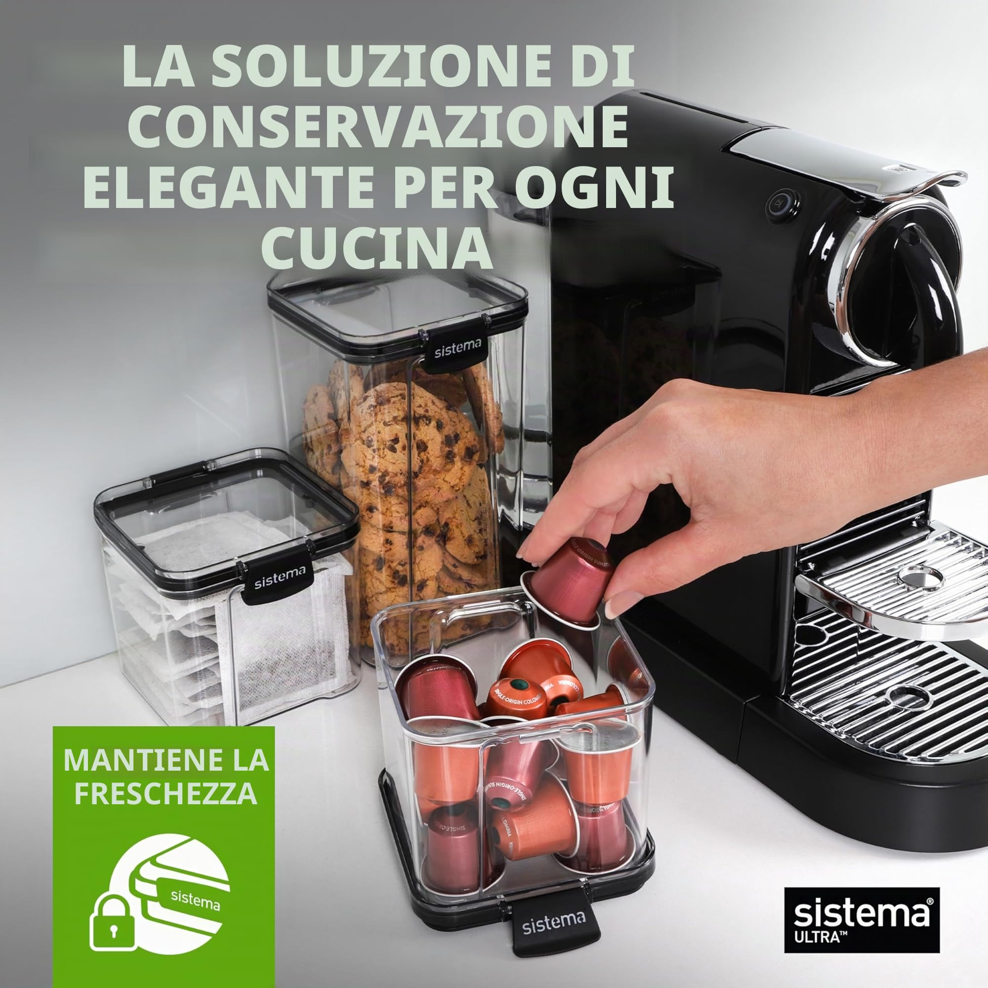 Sistema Ultra Square Contenitori ermetici dispensa | Conservazione degli alimenti di capacità assortita | Impilabile | Clip di bloccaggio | Senza BPA | Trasparente e nero | 5 pz