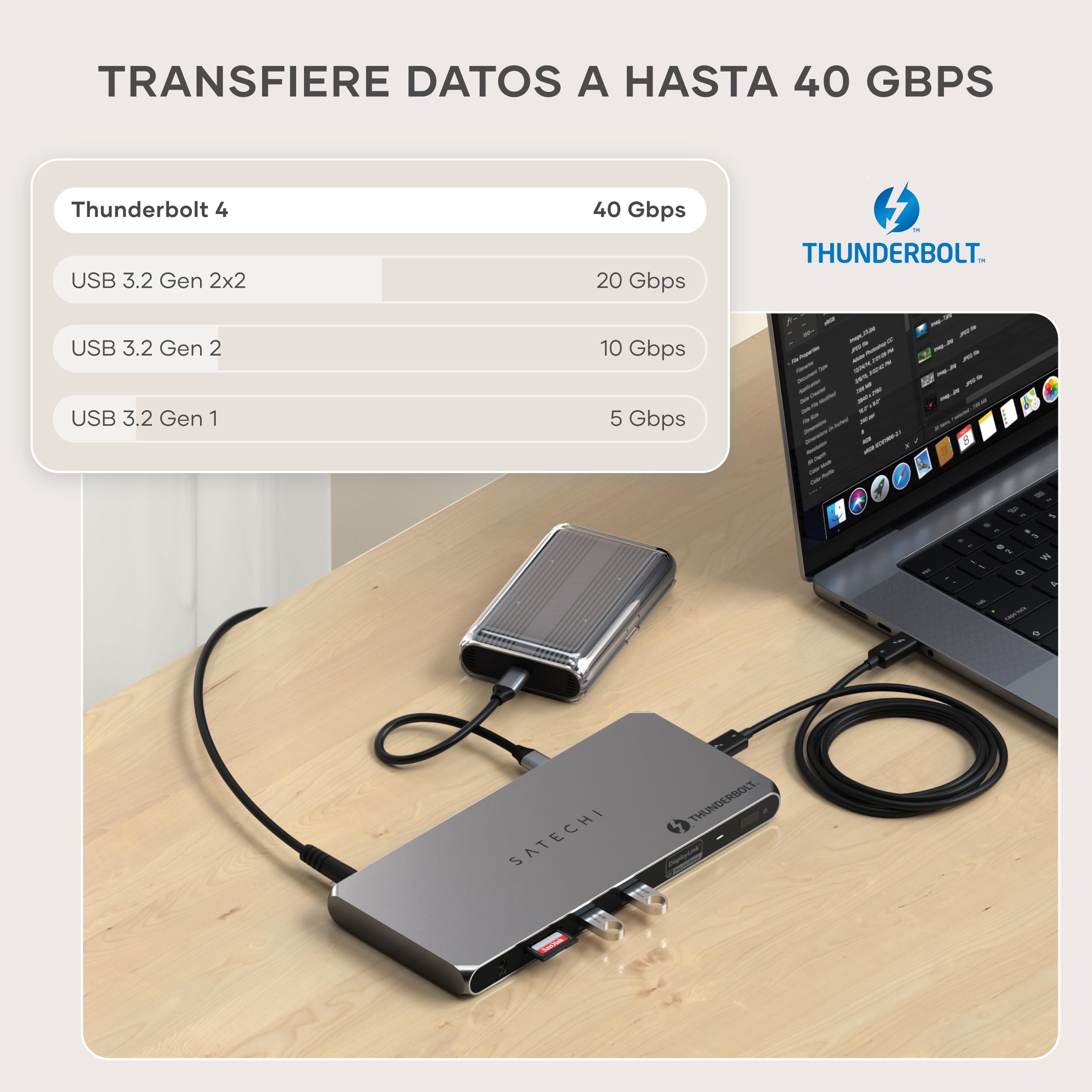 SATECHI Docking Station 12 en 1 Thunderbolt 4, HDMI, 96W, DisplayLink | 3x Thunderbolt 4 a 40Gbps, 2x HDMI 4K@60Hz, 2x USB-A 10Gbps, Ethernet, lector SD (requiere DisplayLink)