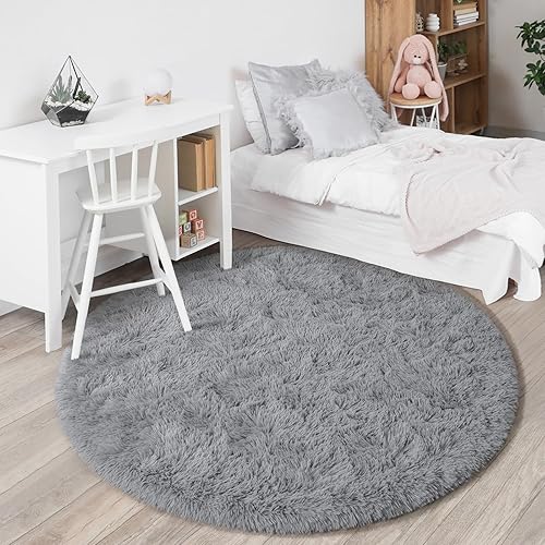 Miniatura 6 de Alfombra redonda gris para dormitorio de niñas, alfombra circular esponjosa de 4 x 4 pies para decoración de habitación de niños, alfombra suave