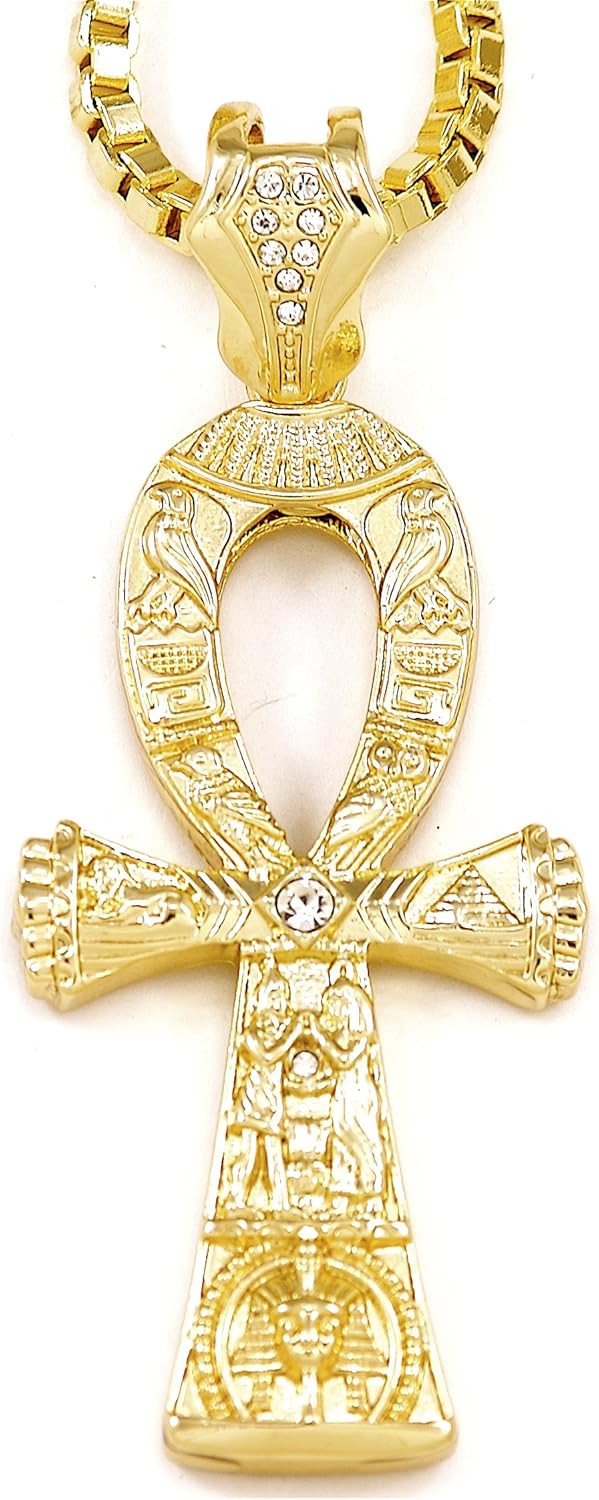 GWOOD Ankh with Stone Pendant Large Gold Color with 30 Inch Box Necklace