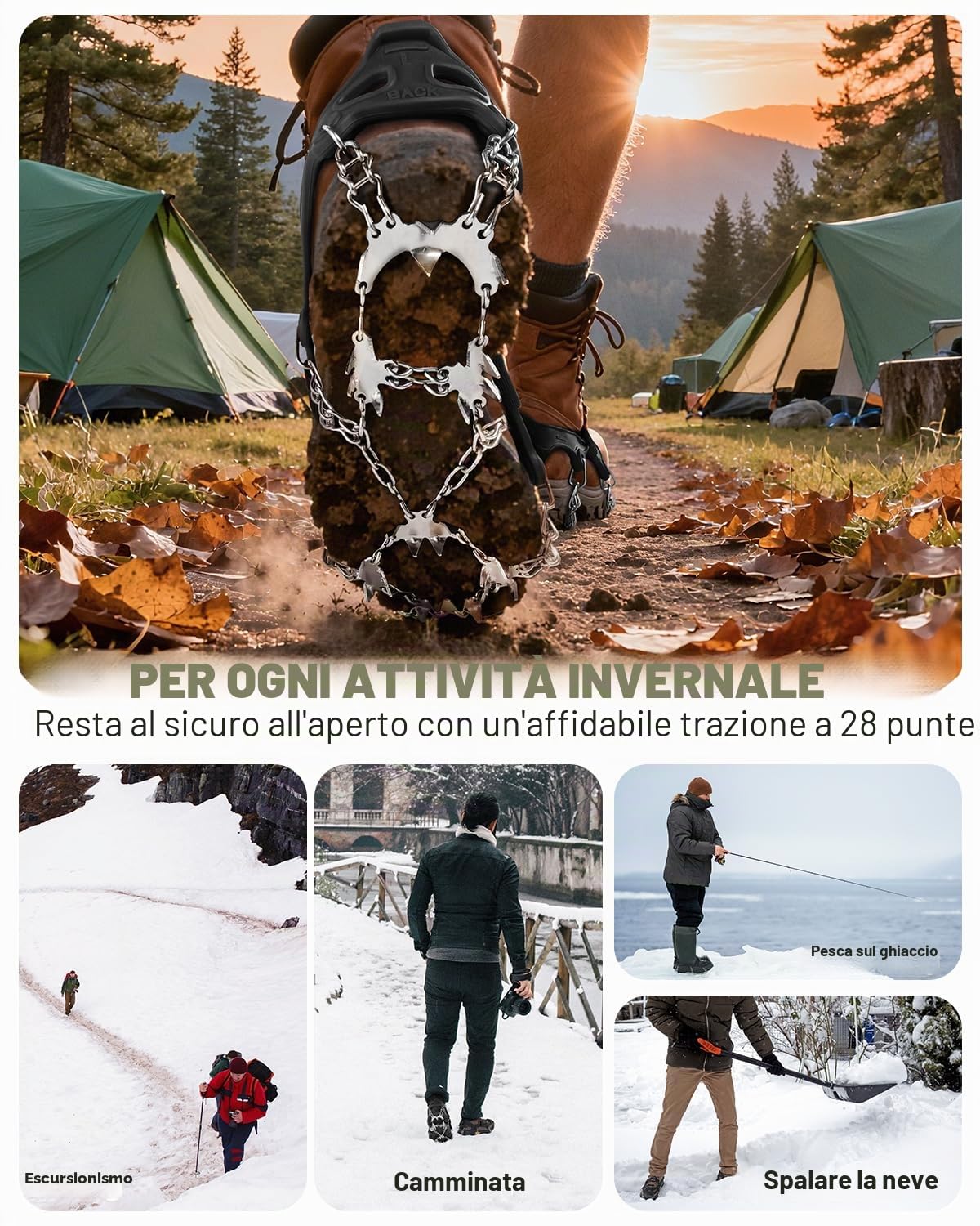 Sportneer Ramponi per Scarponi, 28 Punte Ramponi da Ghiaccio a trazione 201 Inox Copertura Antiscivolo per Scarpe da Neve, Protezione sicura per Camminare, Jogging, Pesca
