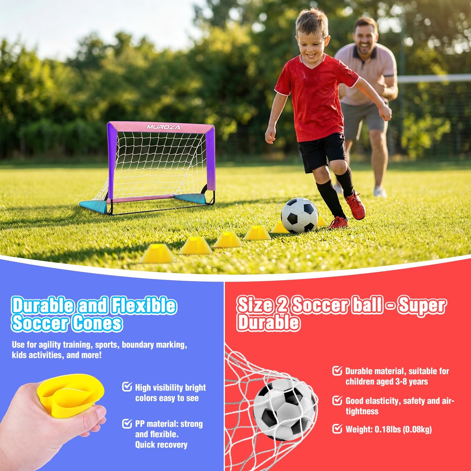 Fußballtor, Fußballtore für den Hinterhof, tragbares Pop-Up-Kinder-Fußballnetz mit Fußball, Kegeln, komplettes Trainingsgerät für Jugendliche (Rosa, Blau, Violett)