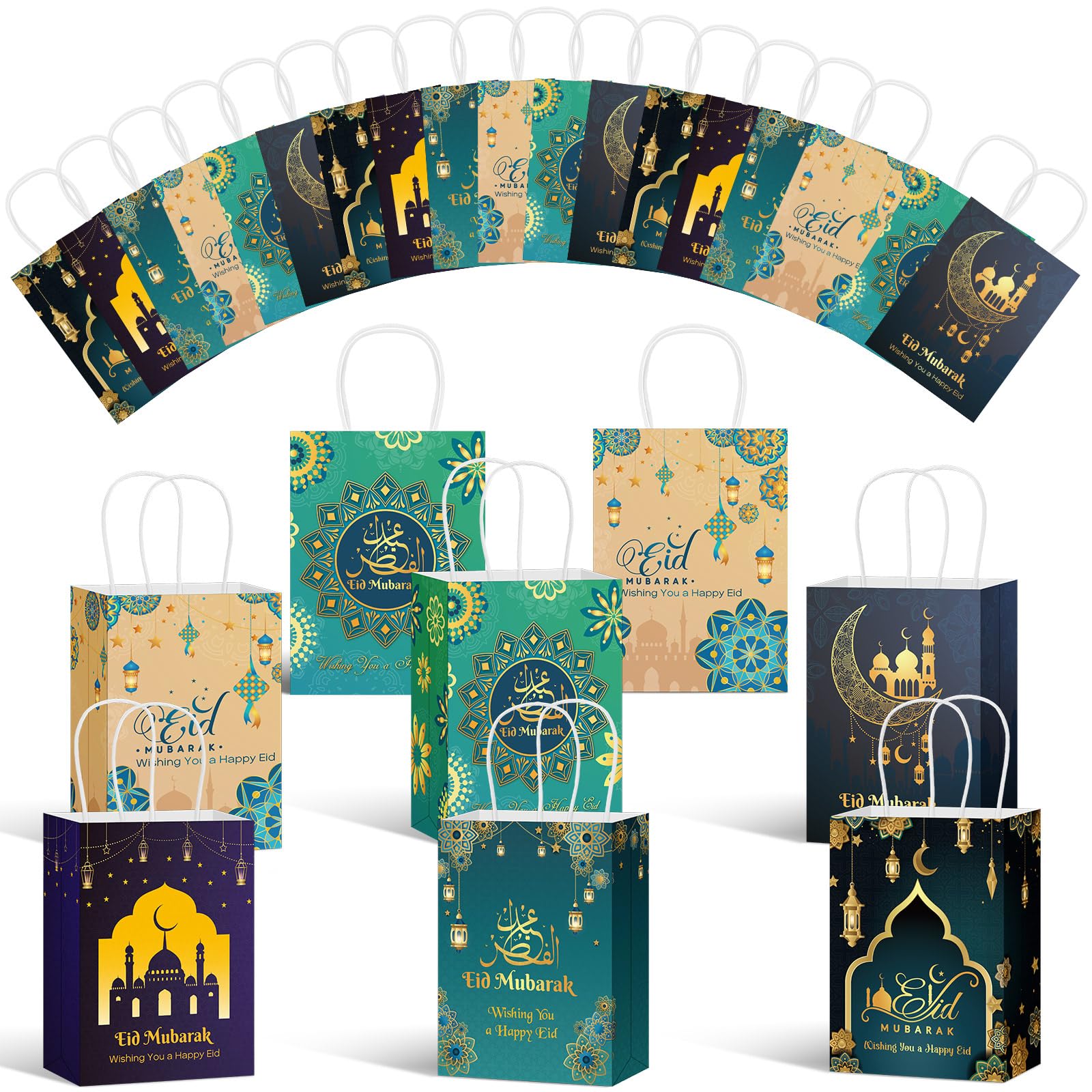 Cholemy 30 Pcs Eid Mubarak Gift Paper Bags with Handles Ramadan Gift Muslim Party Goody Treat Bags for Eid Mubarak Holiday Party Favor Supplies Decor Candy Gifts