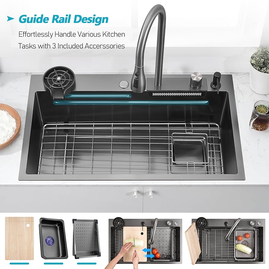 Black Single Slot Waterfall Kitchen Sink Smart Multifunctional Whale Piano Key Modern Sink Kitchen Stainless Steel - Sink, Handmade Sink
