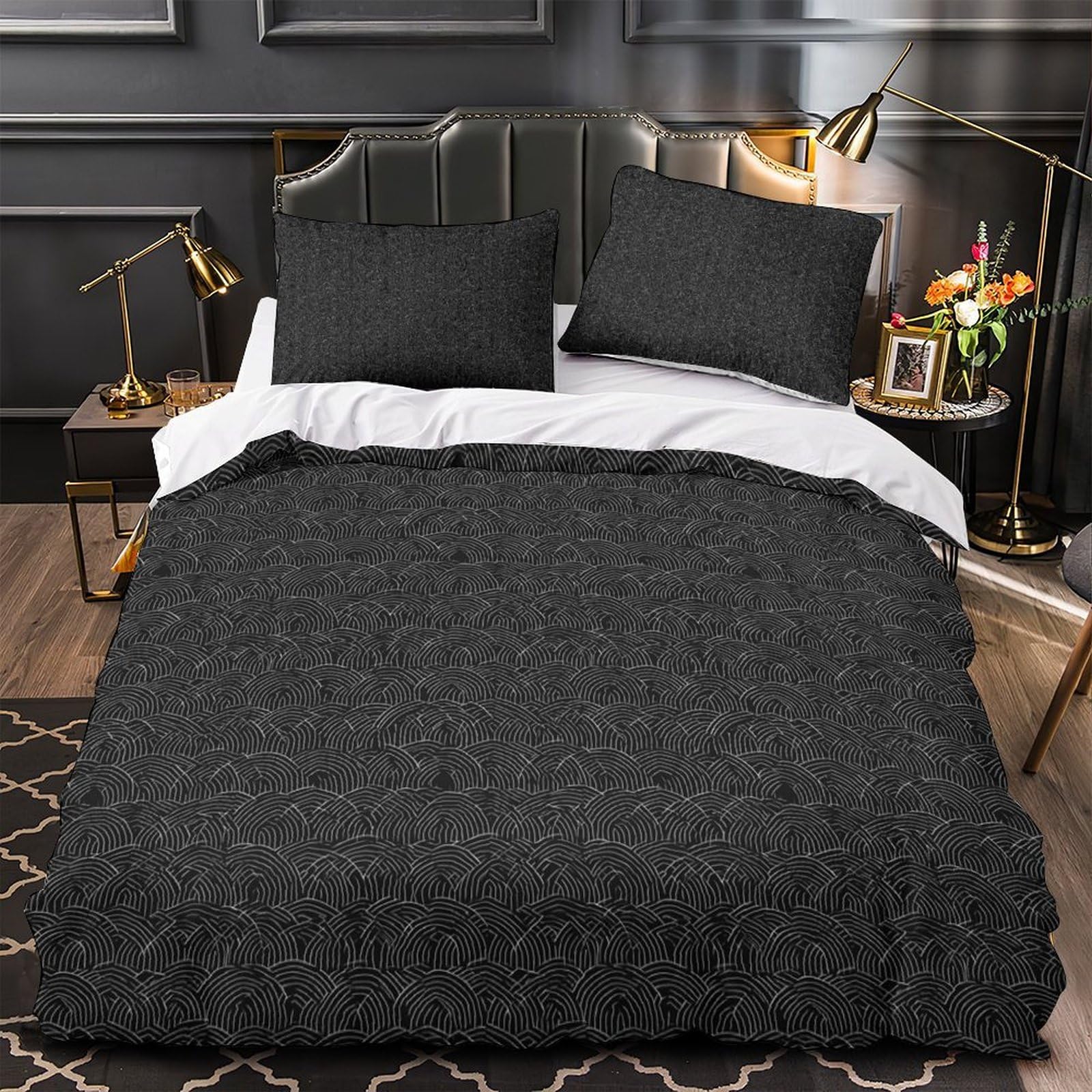 Housse de couette 140x200cm microfibre avec parure de lit motif ondulé noir
