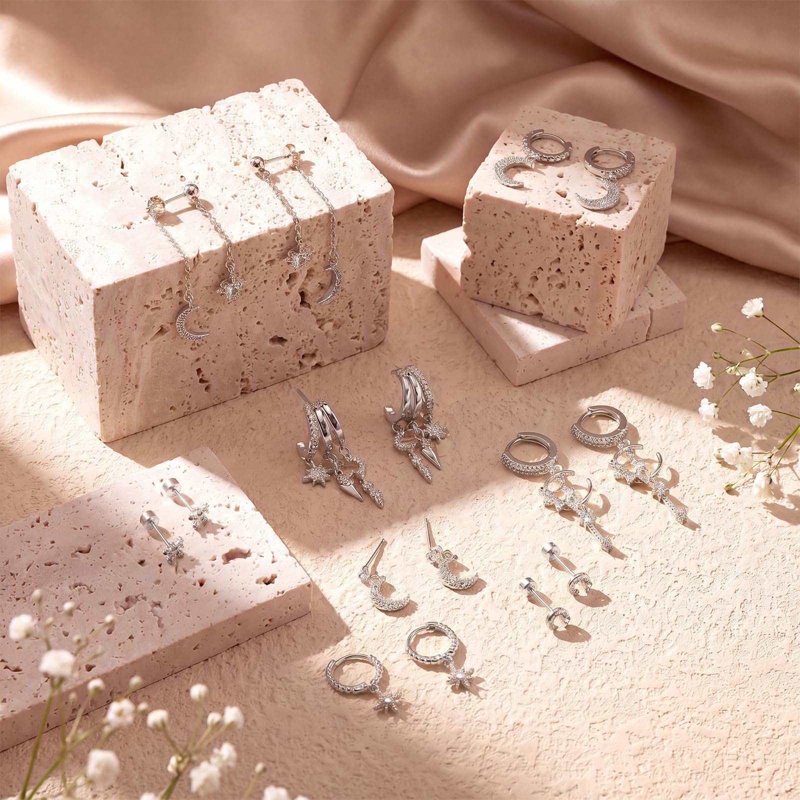 Quelay 8 pares de aretes de aro colgantes de plata punk Y2k estrella luna